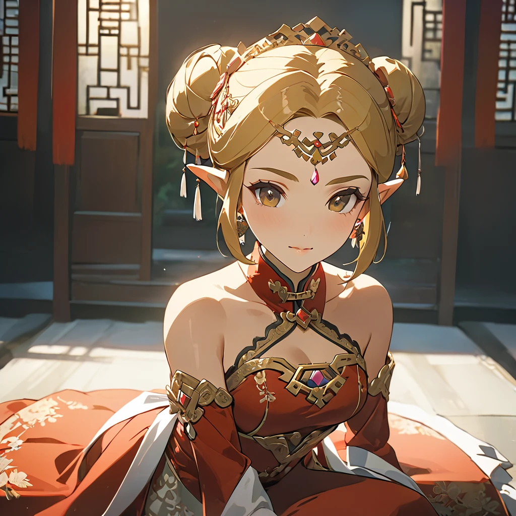 ((Highest quality)), ((masterpiece)), (detailed), (Perfect Face)、The woman is Princess Zelda, with her blonde hair tied up in a bun, wearing a gorgeous red wedding Chinese dress with gold embroidery and trim, and is lavishly dressed with gorgeous accessories and an engagement ring.
