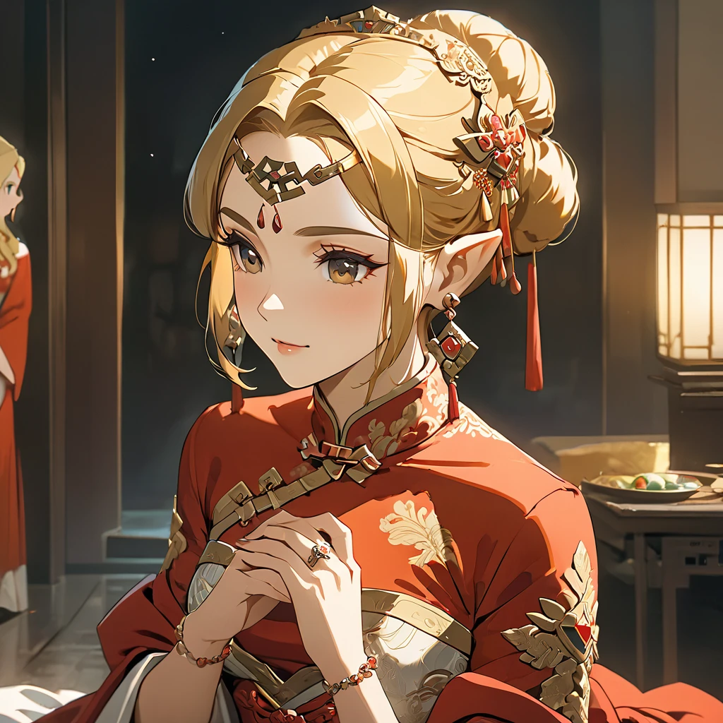 ((Highest quality)), ((masterpiece)), (detailed), （Perfect Face）、The woman is Princess Zelda, with her blonde hair tied up in a bun, wearing a gorgeous red wedding Chinese dress with gold embroidery and trim, and is lavishly dressed with gorgeous accessories and an engagement ring.