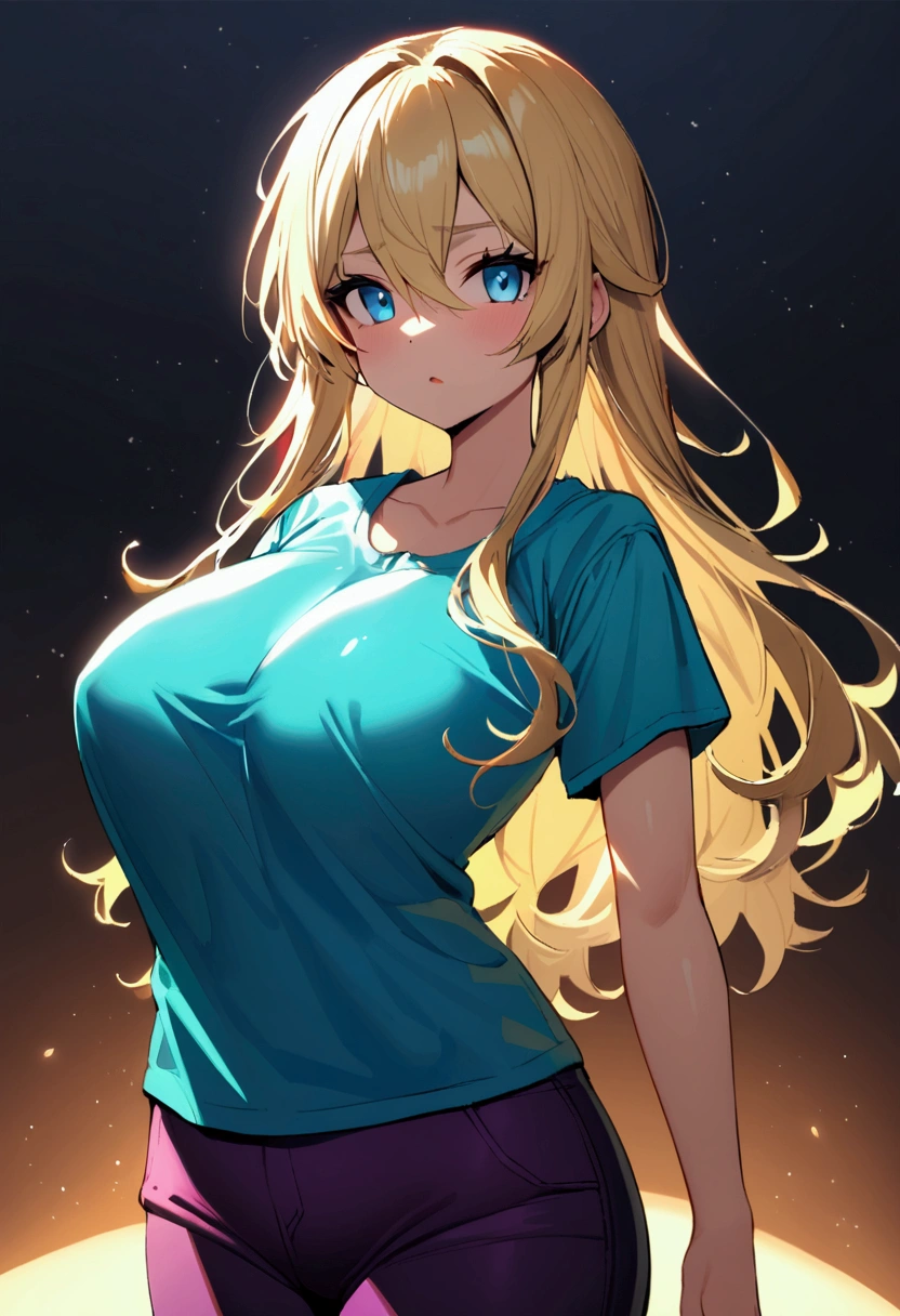 a cute jaded teenage girl with big breasts, blue eyes and blonde hair, wearing a long cyan t-shirt with dark purple pants