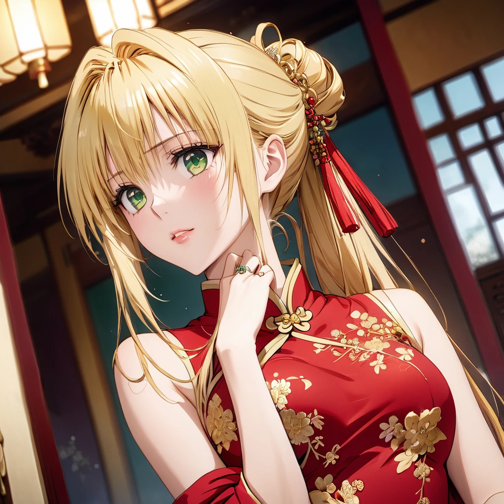 ((Highest quality)), ((masterpiece)), (detailed), (Perfect Face)、The woman, Tearje Lunatique, has green eyes, medium-long blonde hair tied up, and is dressed in a gorgeous red Chinese dress with gold embroidery and trim, and is lavishly decorated with gorgeous accessories and an engagement ring.