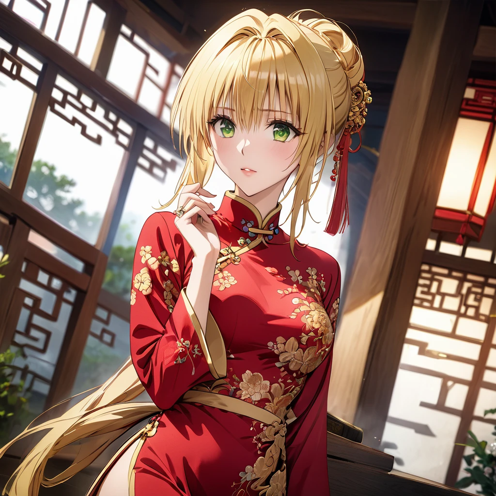 ((Highest quality)), ((masterpiece)), (detailed), （Perfect Face）、The woman, Tearje Lunatique, has green eyes, medium-long blonde hair tied up, and is dressed in a gorgeous red Chinese dress with gold embroidery and trim, and is lavishly decorated with gorgeous accessories and an engagement ring.