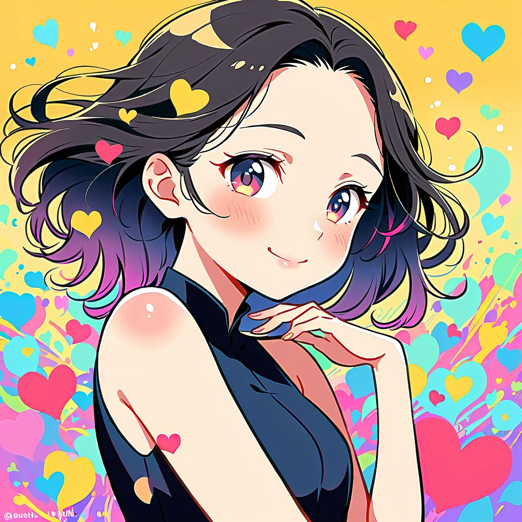 40 females、Black Hair、Wearing a sleeveless dress、Light rainbow hair、A big smile、most beautiful girl of all time、Lips in Love、Colorful flowers、colorful hearts, Simple line initials、Abstract art、Urban Background