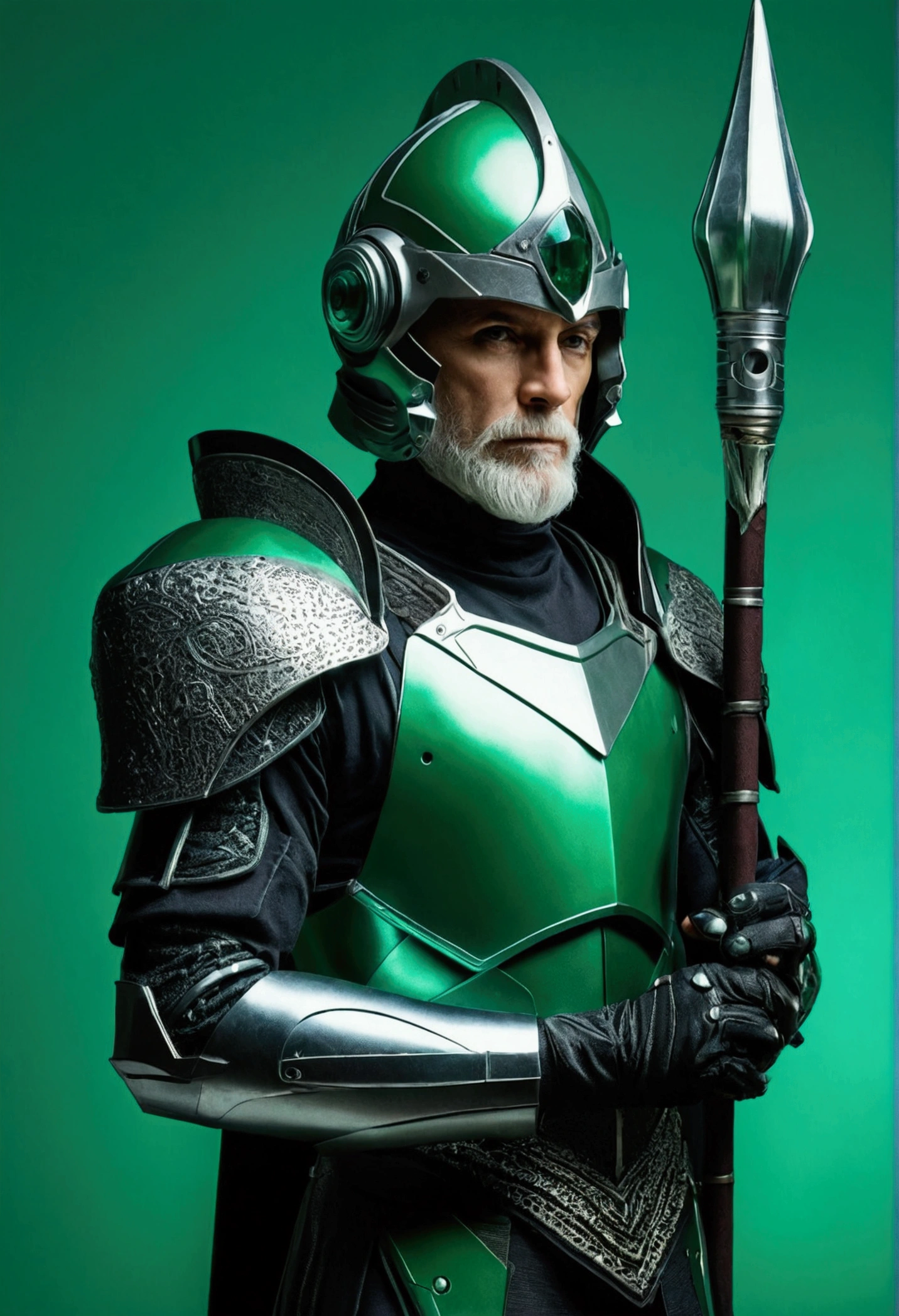 There is a man, Merlin, wearing modern and futuristic armor. With a futuristic wizard&#39;s staff, with a futuristic hi-tech full helmet. on green background