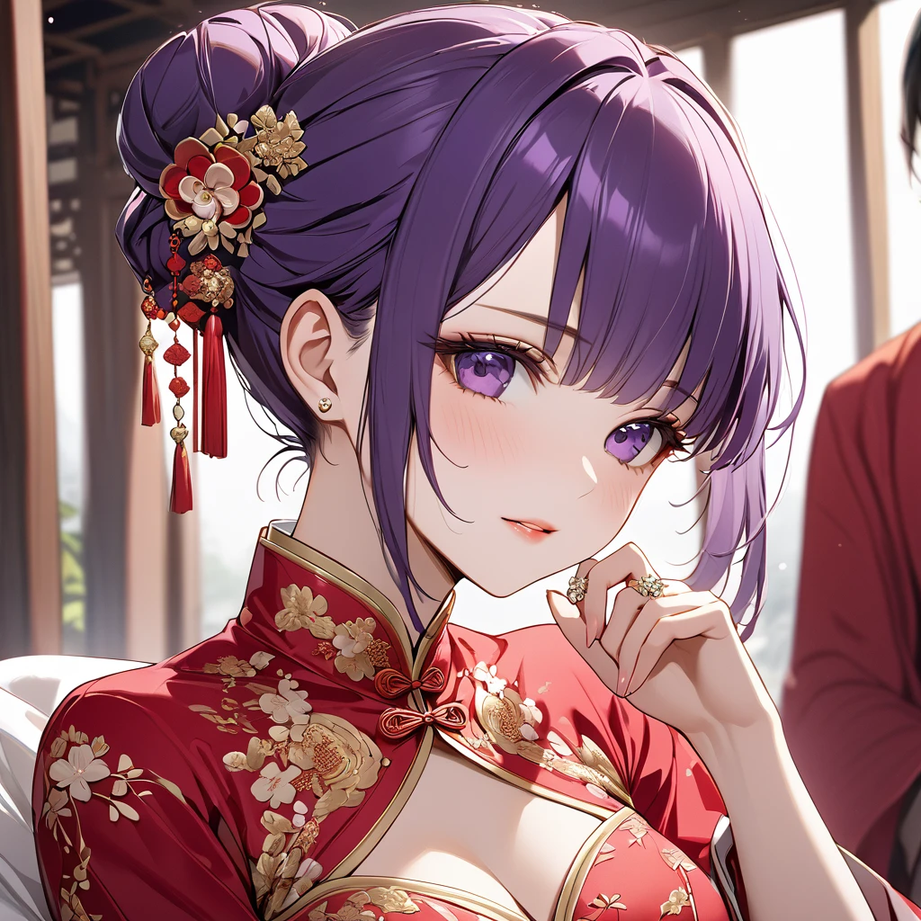 ((Highest quality)), ((masterpiece)), (detailed), （Perfect Face）、The woman, Kocho Shinobu, has purple hair tied up in a bun, is wearing a gorgeous wedding red Chinese dress with gold embroidery and trim, and is dressed luxuriously with gorgeous accessories and an engagement ring.