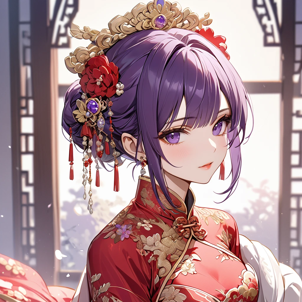 ((Highest quality)), ((masterpiece)), (detailed), （Perfect Face）、The woman, Kocho Shinobu, has purple hair tied up in a bun, is wearing a gorgeous wedding red Chinese dress with gold embroidery and trim, and is dressed luxuriously with gorgeous accessories and an engagement ring.