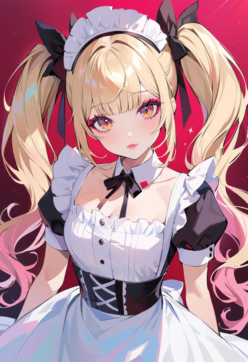 (Highest quality,Very detailed,High resolution:1.2),Beautiful girl with perfect face,very_Long eyelashes, Detailed lips, Cool look, Soft Skin, ,Vibrant Background, Natural light,The cutest girl in the world,Exquisite makeup,Long blonde hair with pink mesh at the ends, Twin tails, Maid clothes, I have a gun in my hand,