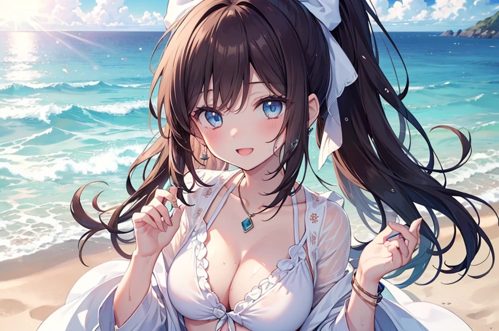 (((girl kawaii))), (a Very delicate and beautiful girl), ((Ultra-fine illustrations)), (Very delicate and beautiful), charactera girl, Please raise your hand, Wet, girl, age girl, Flowing Hair, (High Ponytail), (Long dark brown hair), Beautiful and fine hair, Very beautiful and detailed anime faces and eyes, (smile), Intricate details、Beautiful and delicate eyes, Bright Eyes, Open your mouth, Cleavage, Pale blue eyes, White skin, Frills, Hair Ribbon, Earrings, Gemstone Necklace, bracelet, (White Bikini), cardigan, Wet clothes, Open Court, White clothes, (Beach), (blue sky), sunlight, Backlight, Highly detailed light, ((Absurd)), (((wallpaper 8k CG))), masterpiece,