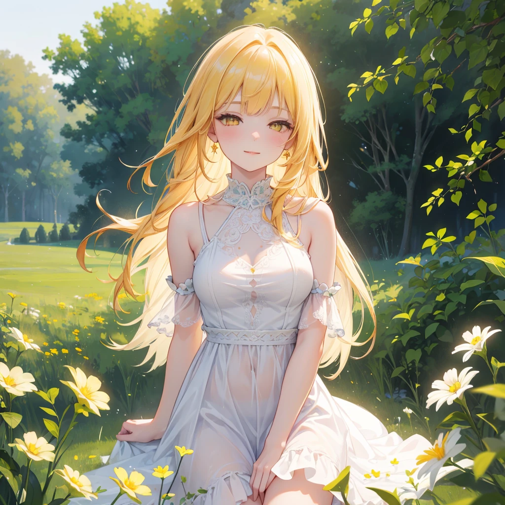 a girl with very long straight ginger hair,yellow eyes,calm expression,goddess-like smile,wearing greek goddess dress,flying in flower meadow garden,(best quality,4k,8k,highres,masterpiece:1.2),ultra-detailed,(realistic,photorealistic,photo-realistic:1.37),highly detailed,intricate details,dramatic lighting,cinematic,glowing skin,volumetric lighting,ethereal,serene,tranquil,natural