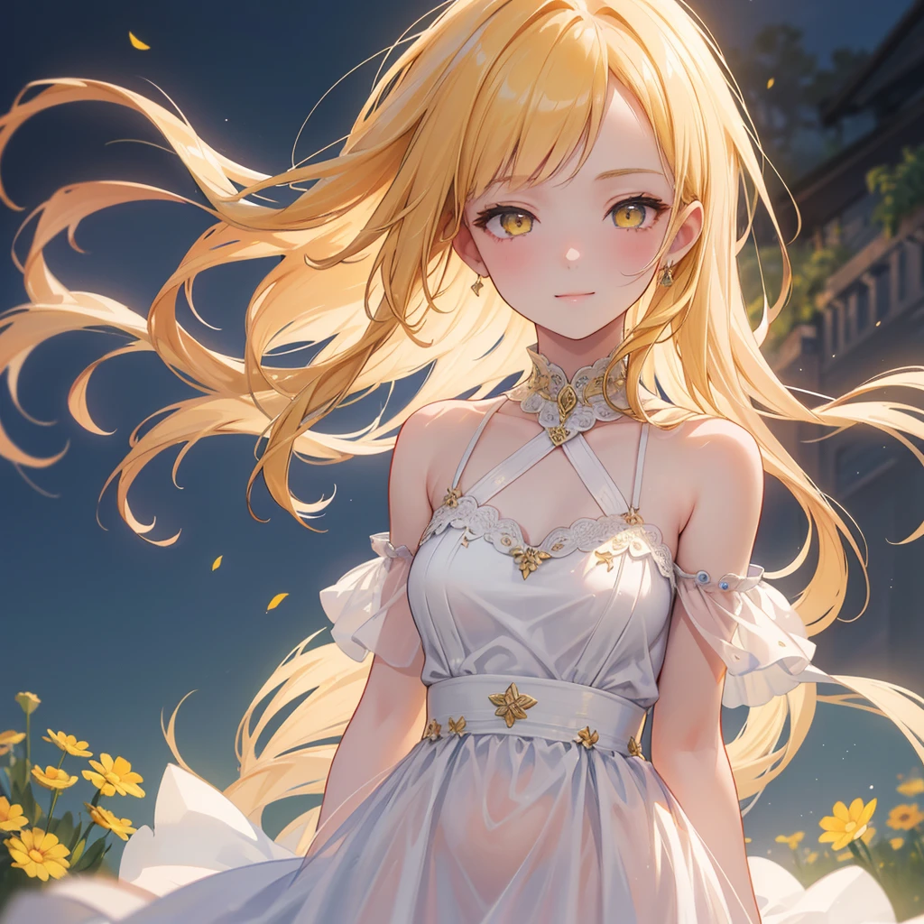 a girl with very long straight ginger hair,yellow eyes,calm expression,goddess-like smile,wearing greek goddess dress,flying in flower meadow garden,(best quality,4k,8k,highres,masterpiece:1.2),ultra-detailed,(realistic,photorealistic,photo-realistic:1.37),highly detailed,intricate details,dramatic lighting,cinematic,glowing skin,volumetric lighting,ethereal,serene,tranquil,natural