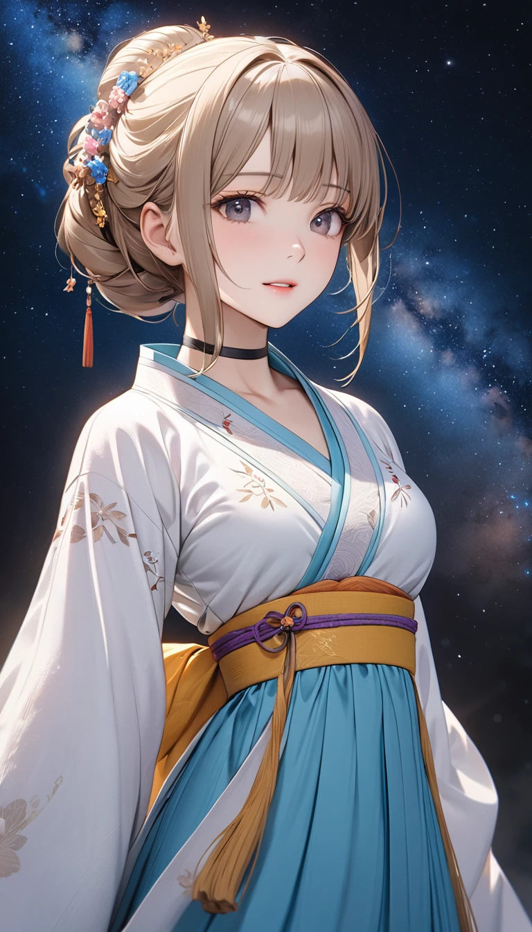 (Hanfu),mature women, grace,The background is a bright starry sky, antioxidant_mary rose, 1 girl, black choker, ultra high definition, extreme speed, masterpiece, accurate, anatomically correct, textured skin, super detailed, high detail, high quality, best quality, high resolution, 4K