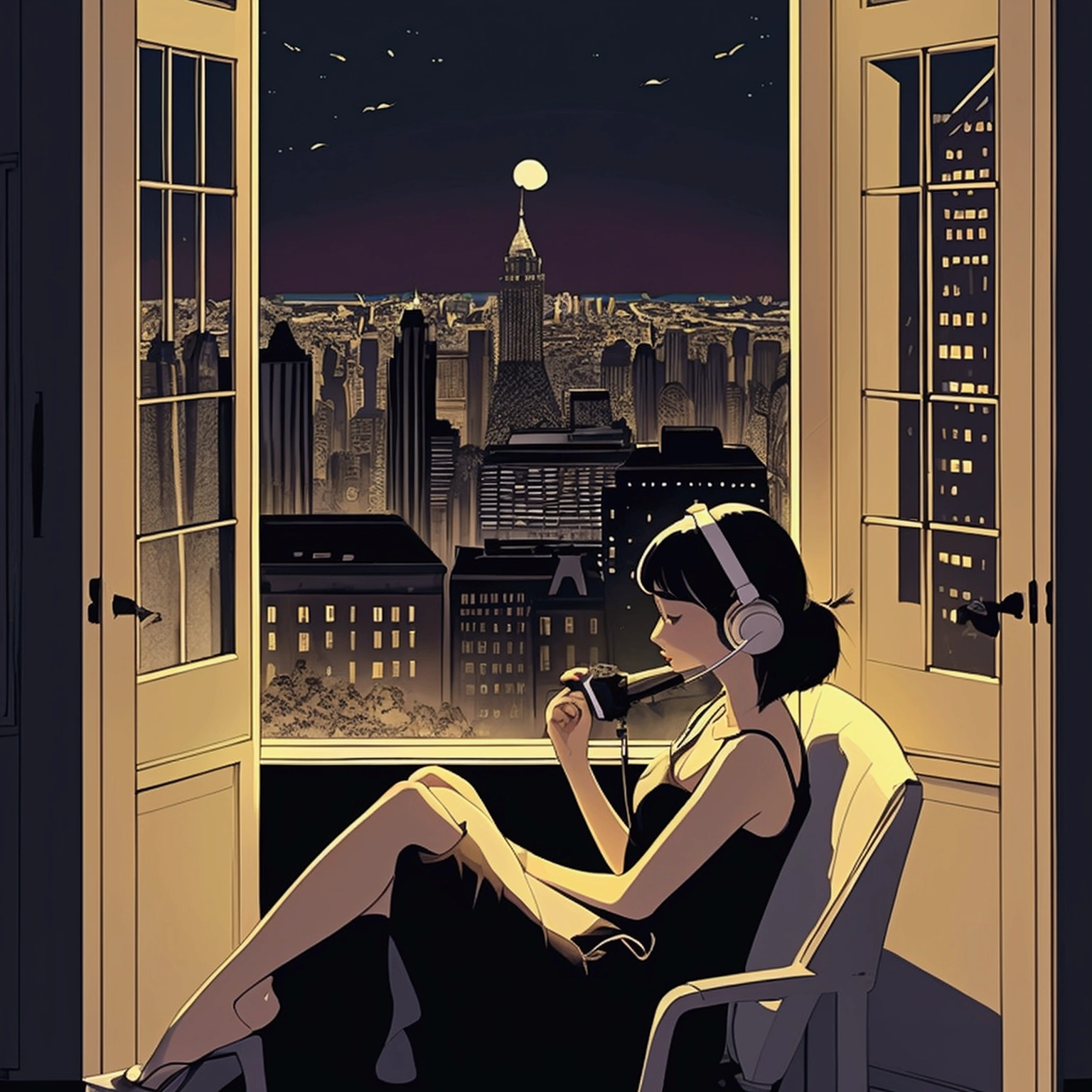 (masterpiece), (Highest quality), (Super detailed), (Best illustrations), (Best Shadow), (Absurd), woman, Age 25, Sitting in a chair with headphones on、city view outside the window、evening、Night view