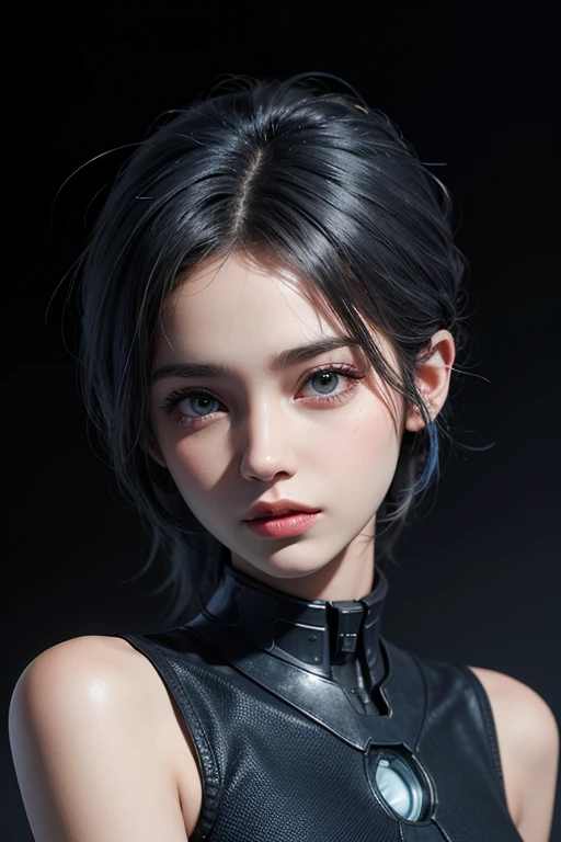 Cortana from Halo 
[Cortana from halo, hologram body, very detailed fingers, well drawn fingers, blue hair, highres,ultra-detailed,realistic,portrait,  young lady, voluminous curly hair, jet-blur with dark blue highlights, warm skin tone, sleek sleeveless high-necked blue neosuit top, very detailed face, well drawn face, well detailed eyes, well drawn eye, confident expression, dark dramatic background.. portrait]