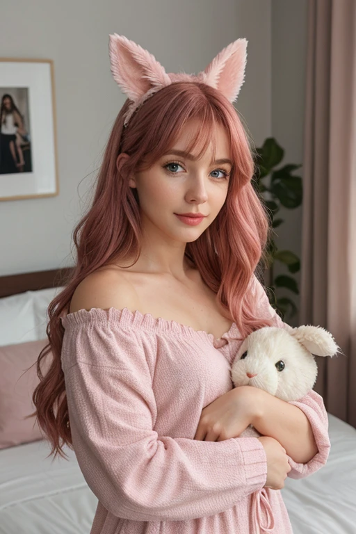 1girl, 25 years oldbrown and pink hair, green eyes, long hair, messy hair, pajamas, nightcap, off shoulder, expressionless, bedroom, stuffed bunny, holding stuffed toy, object hug, masterpiece, best quality,