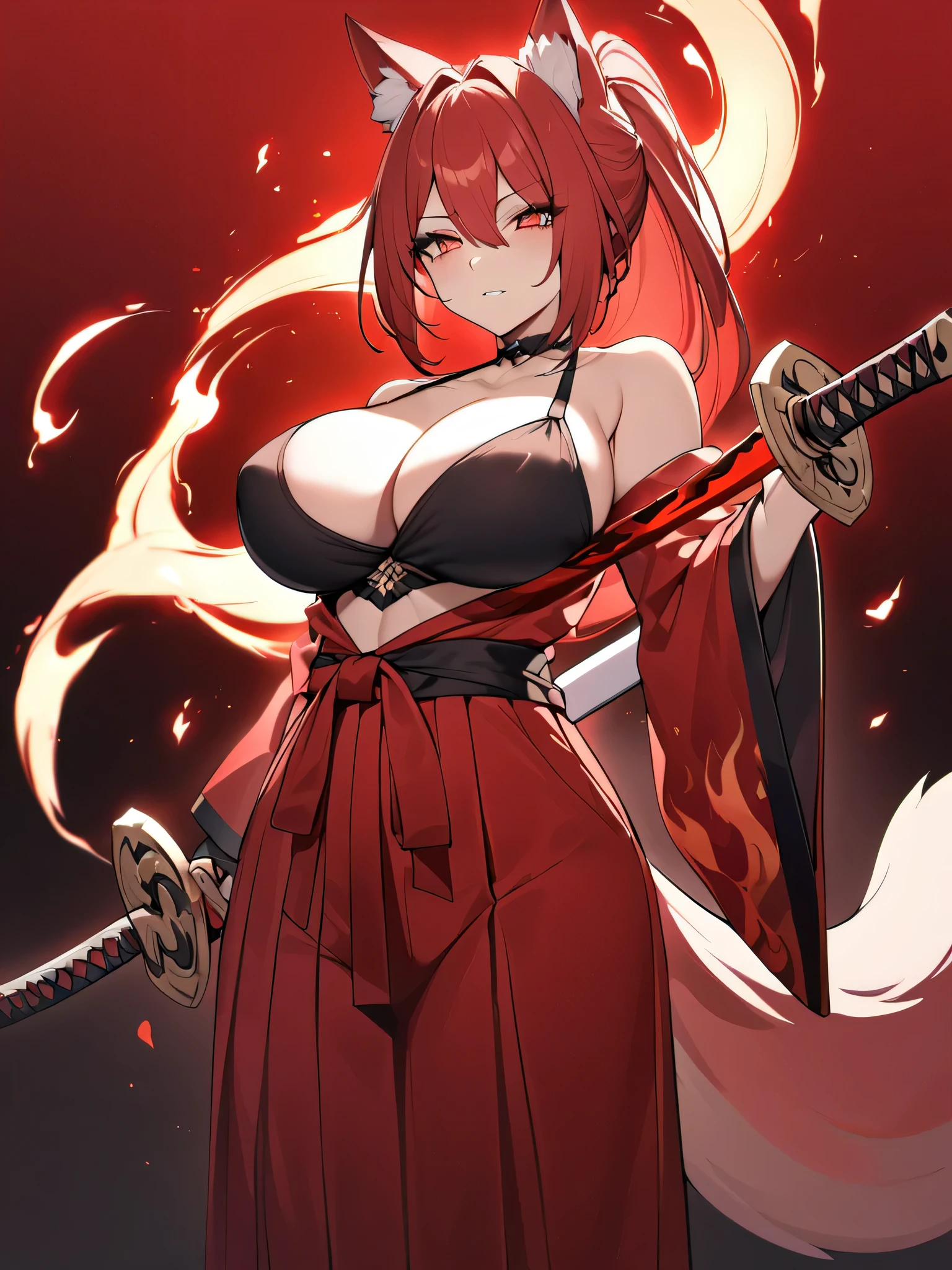  8K Best quality Best work Red long ponytail Red fox ears Nine fox tails Very large breasts Flaming Japanese sword Red jacket Long hakama Red eyeshadow on lower eyelids Red burning background Japanese style Samurai Burning hell  