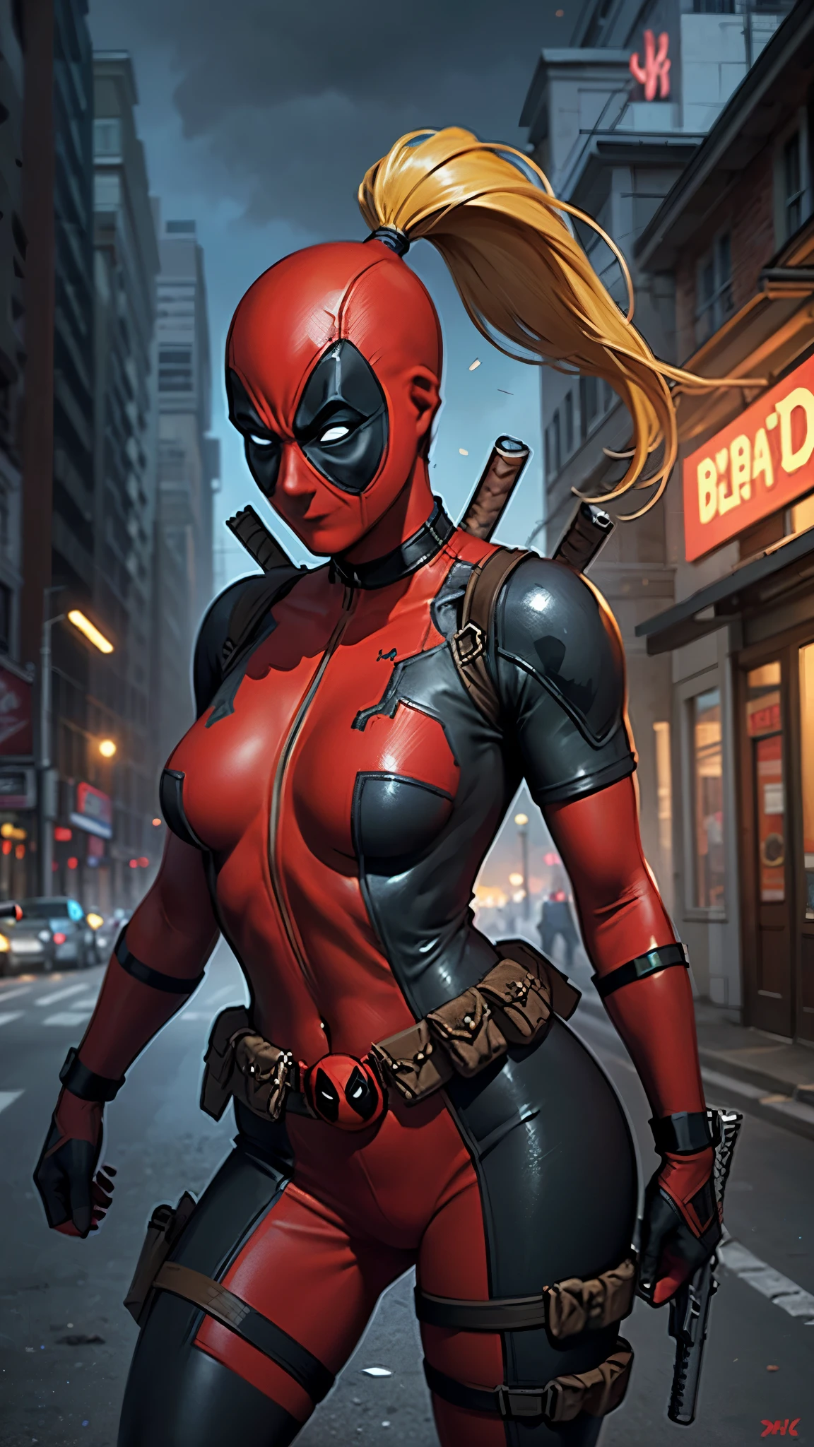 masterpiece, best quality, high resolution, contrapposto,BodySuit_lady_deadpool_ownwaifu, 1 girl, mask, ((blonde hair)), ((ponytail, long hair)), big breasts, no pupils, bodysuit, tight, superhero, belt bag, utility belt, red bodysuit, gloves, gun on back, thigh bag, thigh strap, thigh holster, belt buckle, turtleneck, light particles, depth of field, scenery, night, close up, solo, Epic Fantasy Art Style HD, Fantasy Art 4K, Epic Fantasy Digital Art Style, Epic Fantasy Art Style, Fantasy Woman, Epic Fantasy Art Portrait, Epic Fantasy Style, Hyper Realistic Fantasy Art, Fantasy Art HD, Epic Fantasy Character Art, Epic Fantasy Art, Dark Fantasy Art Style, Epic Fantasy Digital Art, ,(street of a big and bright city Background : 1.4), (Cinematic Lighting : 1.4), (Cowboy Pose), (Lady Deadpool: 1.4), (Lady Deadpool: V2.1),