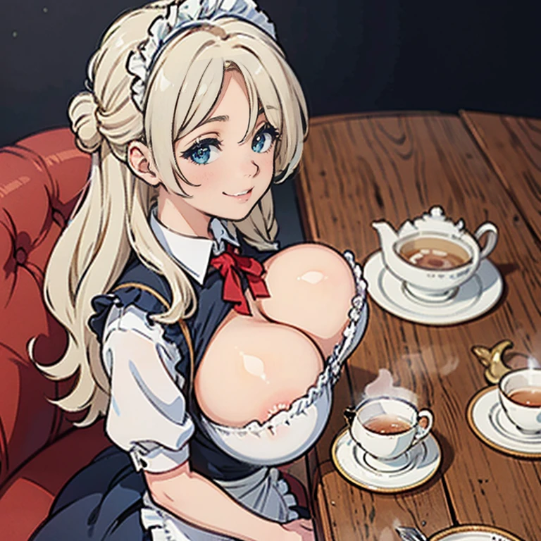 Anime Kawaii sexy Perfect Slim sensual body large breast and huge thighs, An intricate and highly detailed illustration of anime (Young girl)  (Masterpiece, best quality), (ultra high resolution, 8K RAW photo, photo realistics:1.5, textile shading, thin outline), Beautuful Matured woman preparing tea-time, (tea set, tea pot, tea cups), wearing traditional sick maid uniform, maid costume:1.2, long flare skirts, apron, Tall and long legs, long white hair, wearing rimless grasses, (milf:1.5, 28 years old, solo), (large breast, sagging breast, big , narrow waist), (long white hair, hair over one eye, half updo, asymmetric hair, wavy hair), (bright pupils, detailed eyes, high detailed face, Perfect face shape, eye rush), (seductitve smiling, half-closing eyes), (looking at viewers:1.3), (dynamic angle, tighs focus, from side above:1.2), (correct anatomy:1.5, correct hands), (ideal ratio of body proportions),