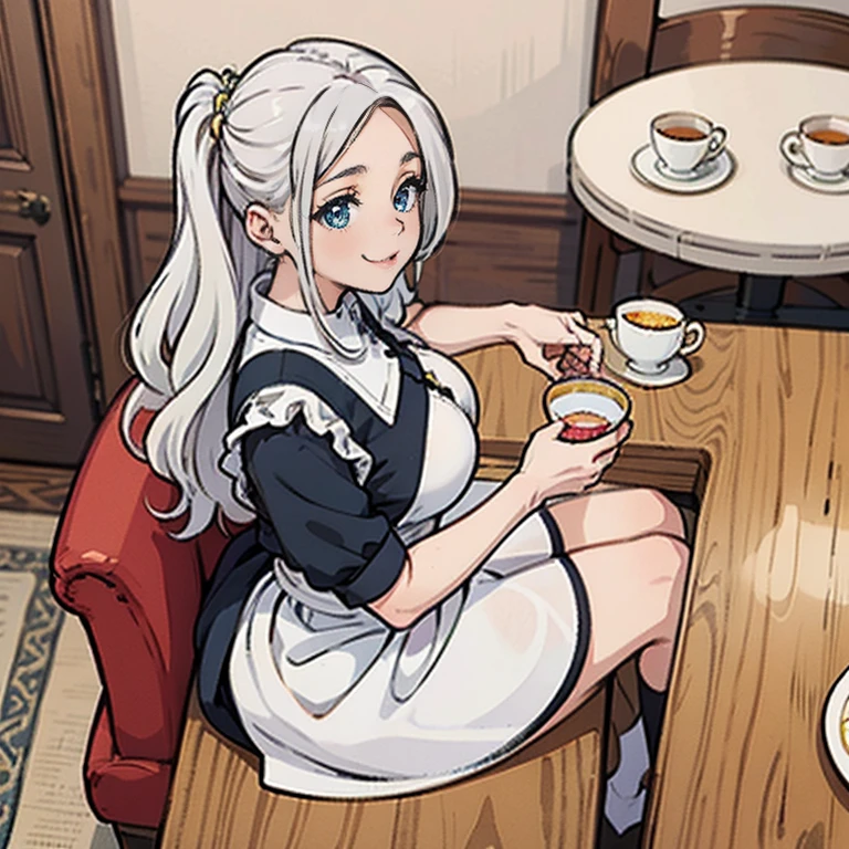 1girl, cowboy shot, beautiful noelle_silva, long hair, alternate hair, hair clip, bangs, earring, jewelry, silver hair, purple eyes, maid_dress, maid dress, stocking, naid hairband, white hairband, cleavage, water, medium breast ,smile, room, indoors, cafe, food, table, chair, drink, front light, volumetric lighting, best quality, masterpiece, intricate details, tonemapping, sharp focus, hyper detailed, blush, sexy pose, sitting,