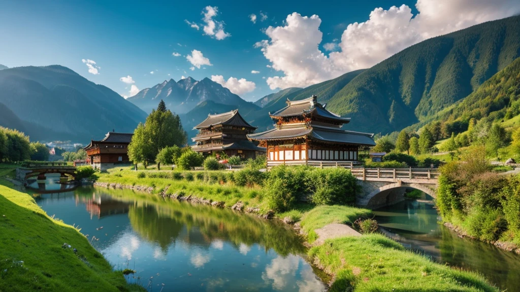 Natural beauty, Ancient Austrian village. The Stream. cloud, Temple. Mountain. Lake, close, mystical beauty, 8k