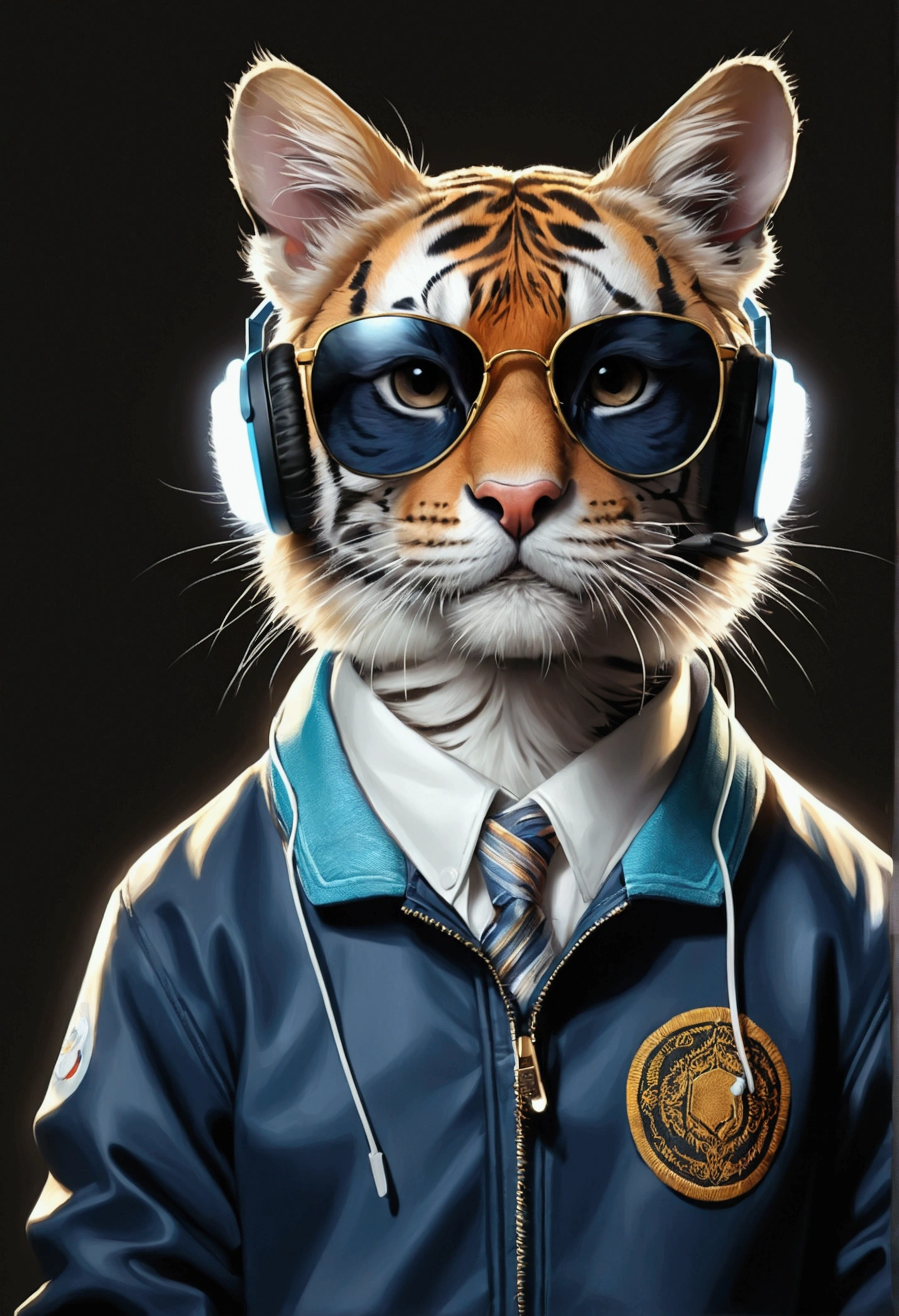 Perfect centering, Cute tiger cat, Wear a school jacket, Wear sunglasses, Wear headphones, Standing position, Abstract Beauty, Centered, Looking into the camera, To the camera, Near perfect, dynamic, moonlight, Very detailed, Digital Painting, artステーション, コンセプトart, Smooth, Sharp focus, 8k, High resolution, figure, art:Kahne Griffith and Vadim Kashin, White Background