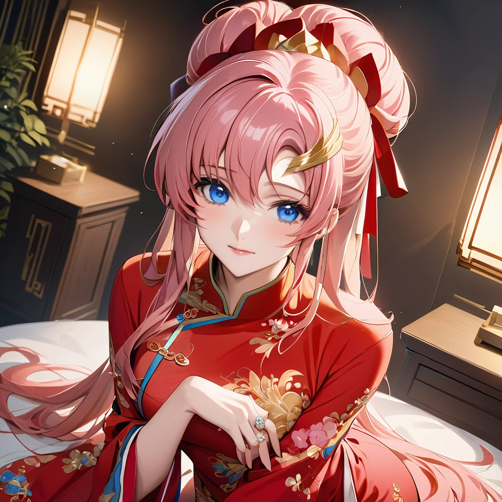 ((Highest quality)), ((masterpiece)), (detailed), (Perfect Face)、The woman is Lacus Clyne, with blue eyes and semi-long pink hair tied up in a bun. She is dressed in a gorgeous red Chinese dress with gold embroidery and trimmings, and is lavishly decorated with gorgeous accessories and an engagement ring.
