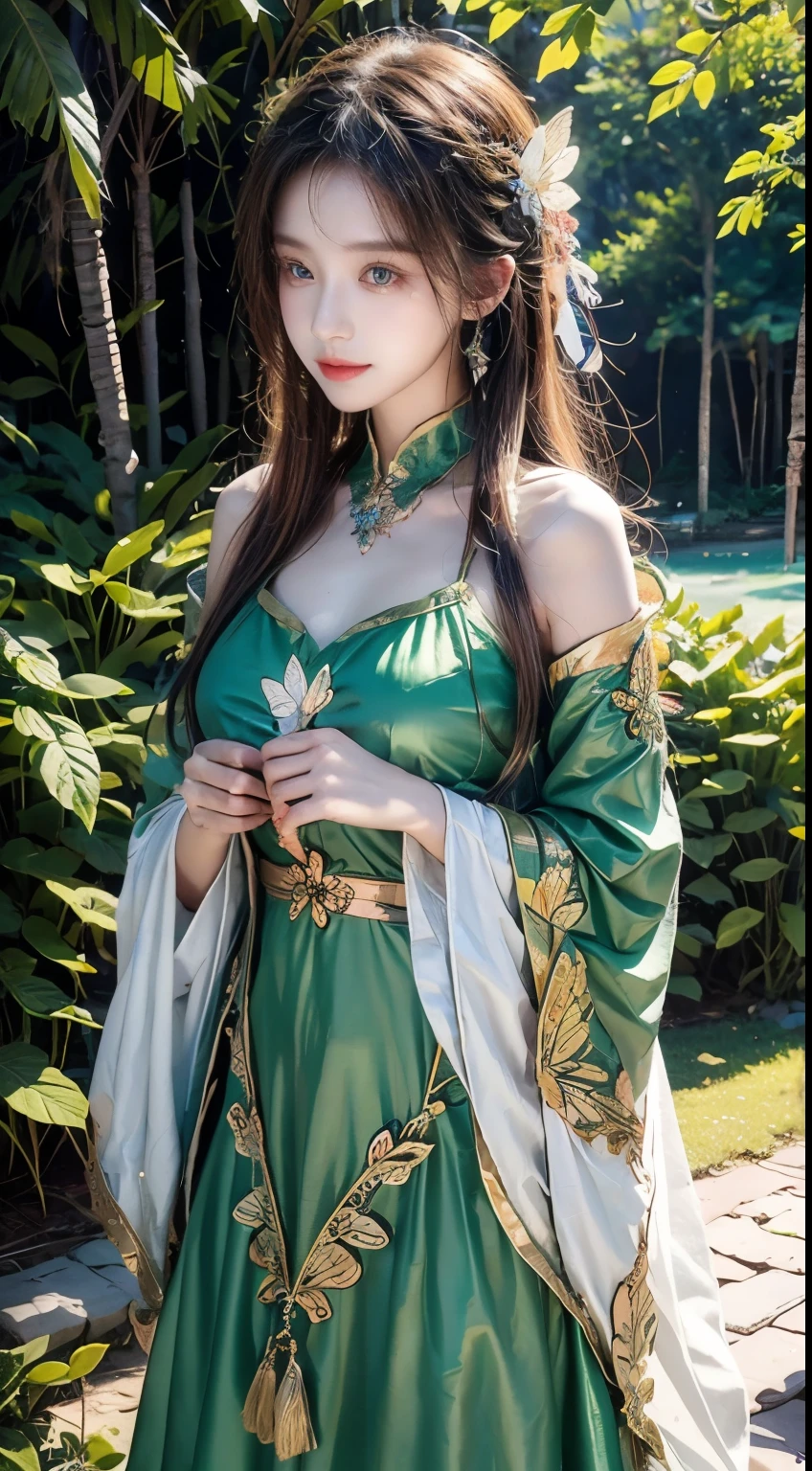 1 20-year-old girl, Fairy princess, green clothes, natural clothes, nature panorama, sweet, beauty grill, Twin sisters. (natural elements), ( nature of particles), (butterfly elements,