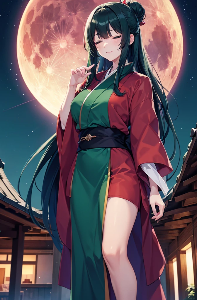 Blue eyes, dark green hair, dark green hair color, voluminous dark green hair, voluminous dark green hair, long straight hair, plain purple kimono.
Both eyes closed, eyes closed, dressed like a basilisk ovolo,
Plain purple kimono, visible from face to knees.
Voluminous dark green hair,
Jet black night sky, big red full moon in the sky
Big red full moon in the sky,
In front of the house, in front of the house
Both eyes closed
Standing pose

Big red moon, moonlight, focus on face, fresh smile, big droopy blue eyes