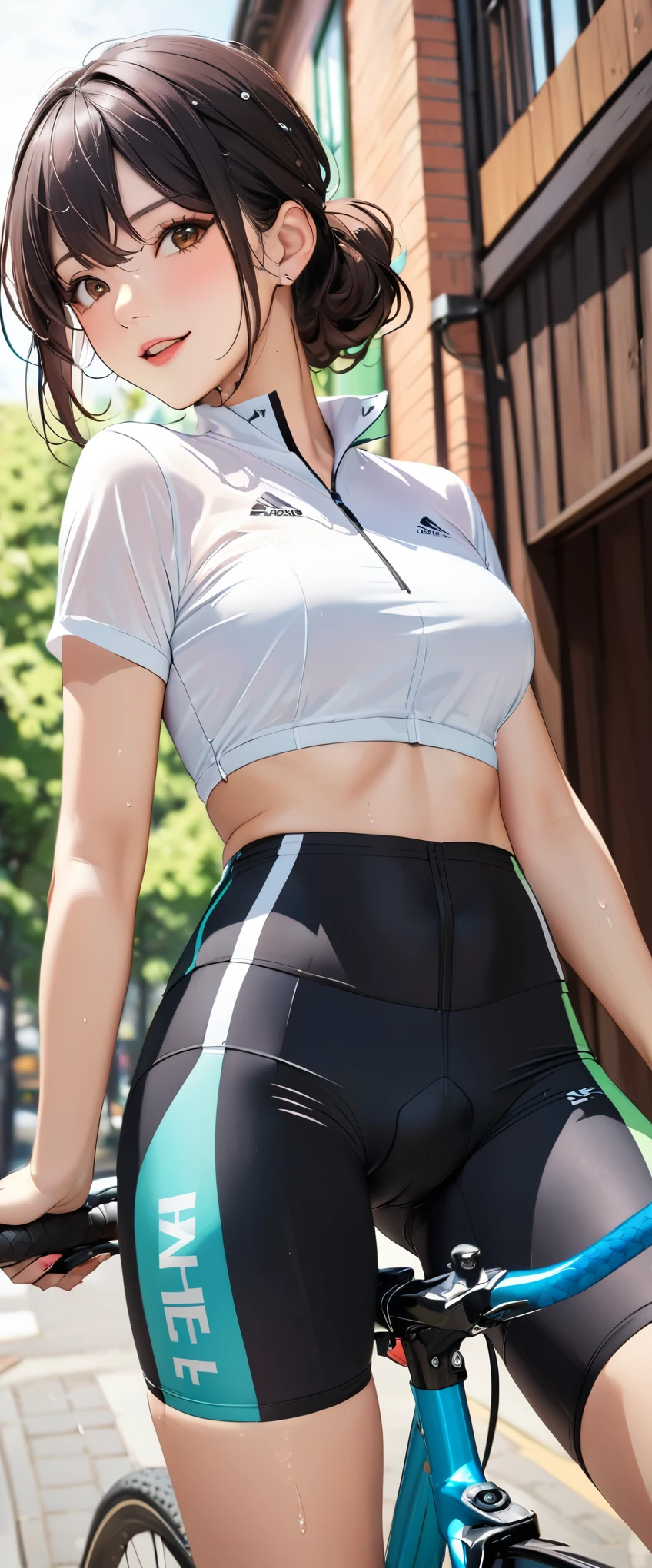 woman,20-year-old,,city,,(((Cycling Shorts))),,open mouth smile(())(See-through),((bicycle)),((black hair)),blush、surprised face,((())),((turn around and look back))(wet with sweat)Reflecting the buttocks,bicycleのスパッツ