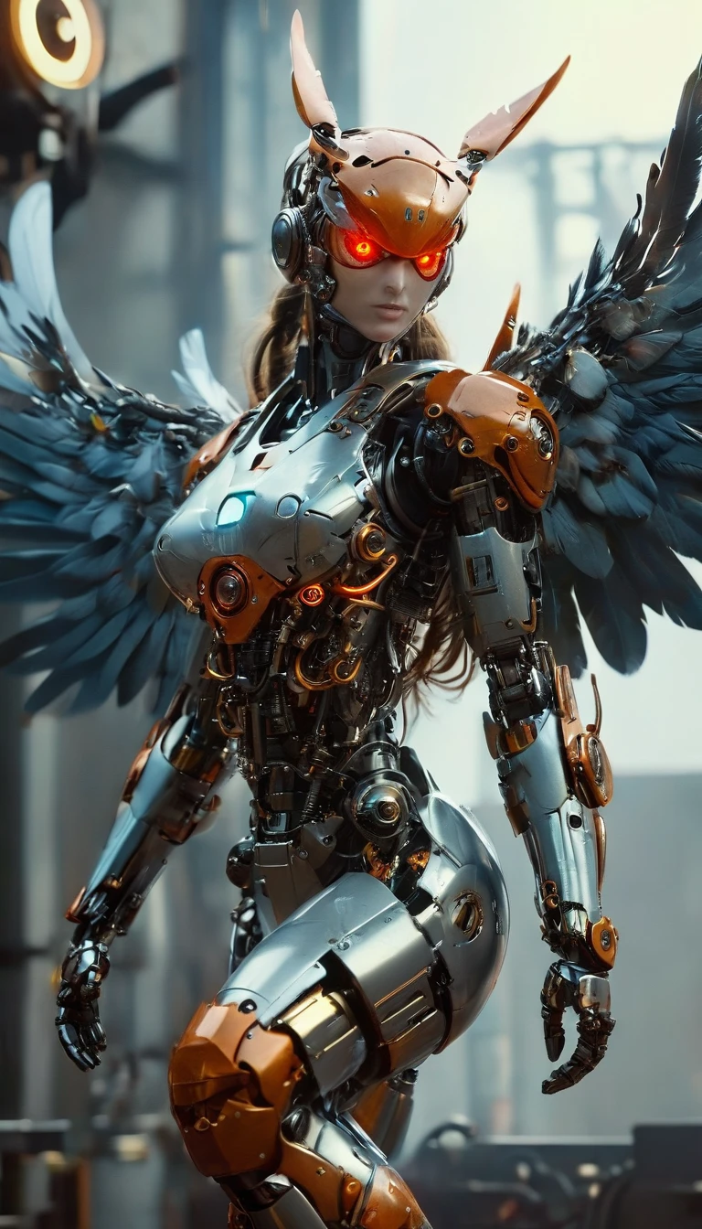 a photorealistic digital painting of a scary mechanical creature, a mix of a female body, bird, and horse, intricate details of mechanical parts and elements, complex mechanism, mechanical body of woman, mechanical horse head, mechanical eagle wings, highly detailed, cinematic lighting, dark atmosphere, complex gears, pipes, wires, chrome metallic surfaces, glowing red eyes, sharp talons, robotic limbs, beautifully rendered, masterpiece, horror fantasy background, Cinematic Hollywood Film, full body shot