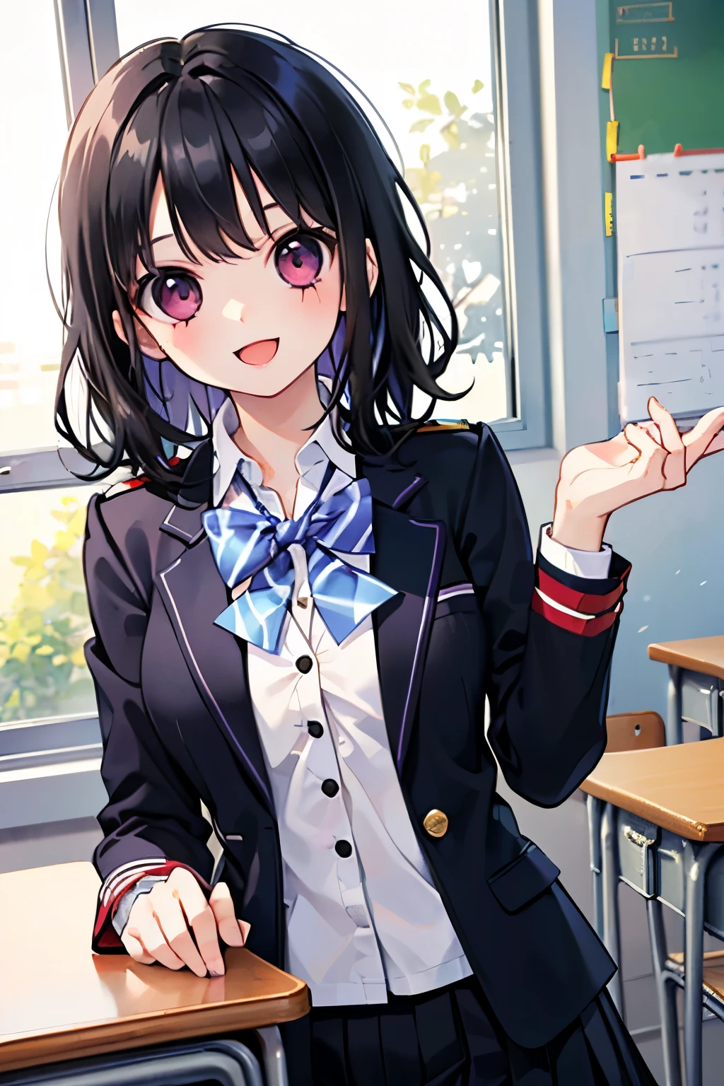 beautiful cute girl,((black hair:1.2)),(Medium wave hair:1.1),(purplered eyes:1.2),(princess:1.1),(student uniform:1.25),(uniform blazer:1.2),(check pattern costume:1.0),((lace:1.2)),smile,(open your mouth:1.1),(school,classroom:1.15).