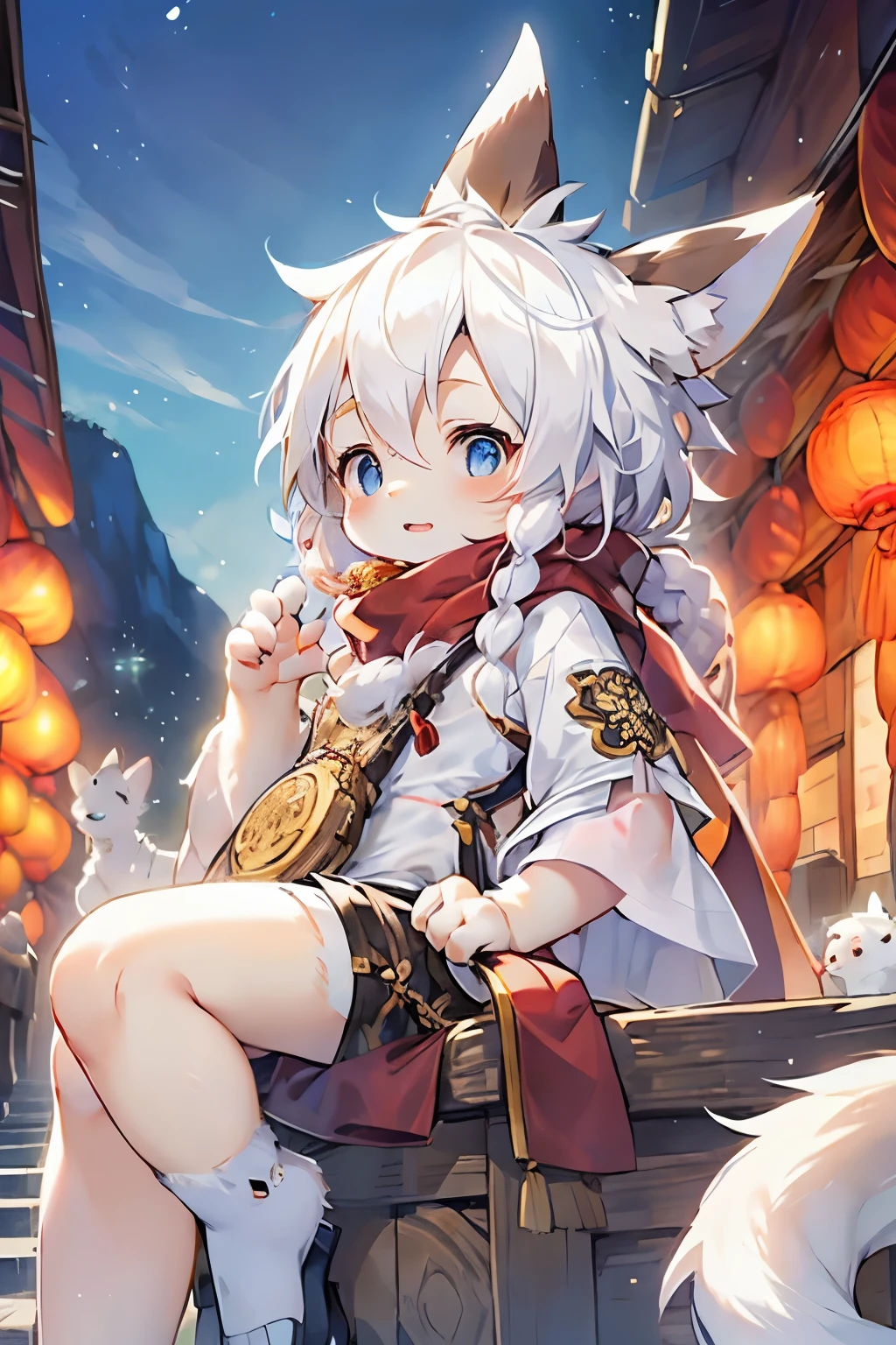Arctic Fox Girl,Furry girls,Characteristics of female infants and young children,White hair,Double braids,White skin,White Arm,scarf,Horse Chinese Clothing,Chinese town background