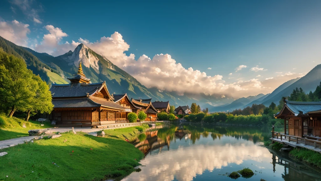 Natural beauty, Ancient Austrian village.  The Stream. cloud, Temple.  Mountain. Lake, close,  mystical beauty, 8k