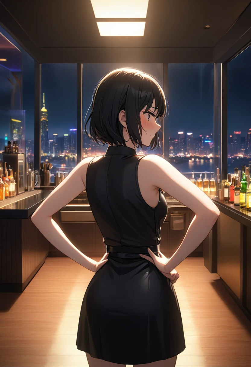 woman, yoor_foorger, golden_flower_bezel, black_outfit, standing, (wetting herself:1.5), best quality, ultra-detailed, HDR, studio lighting, professional, vivid colors, sharp focus, bokeh, landscape, love hotel, bar counter, night, window, cityscape, colorful city, neon lights, futuristic, science fiction, soft lighting, dynamic shadows, (embarrassed:1.5), (humiliation:1.5), (blushing:1.5), angry, facing viewer, (hands on hips:1.5)