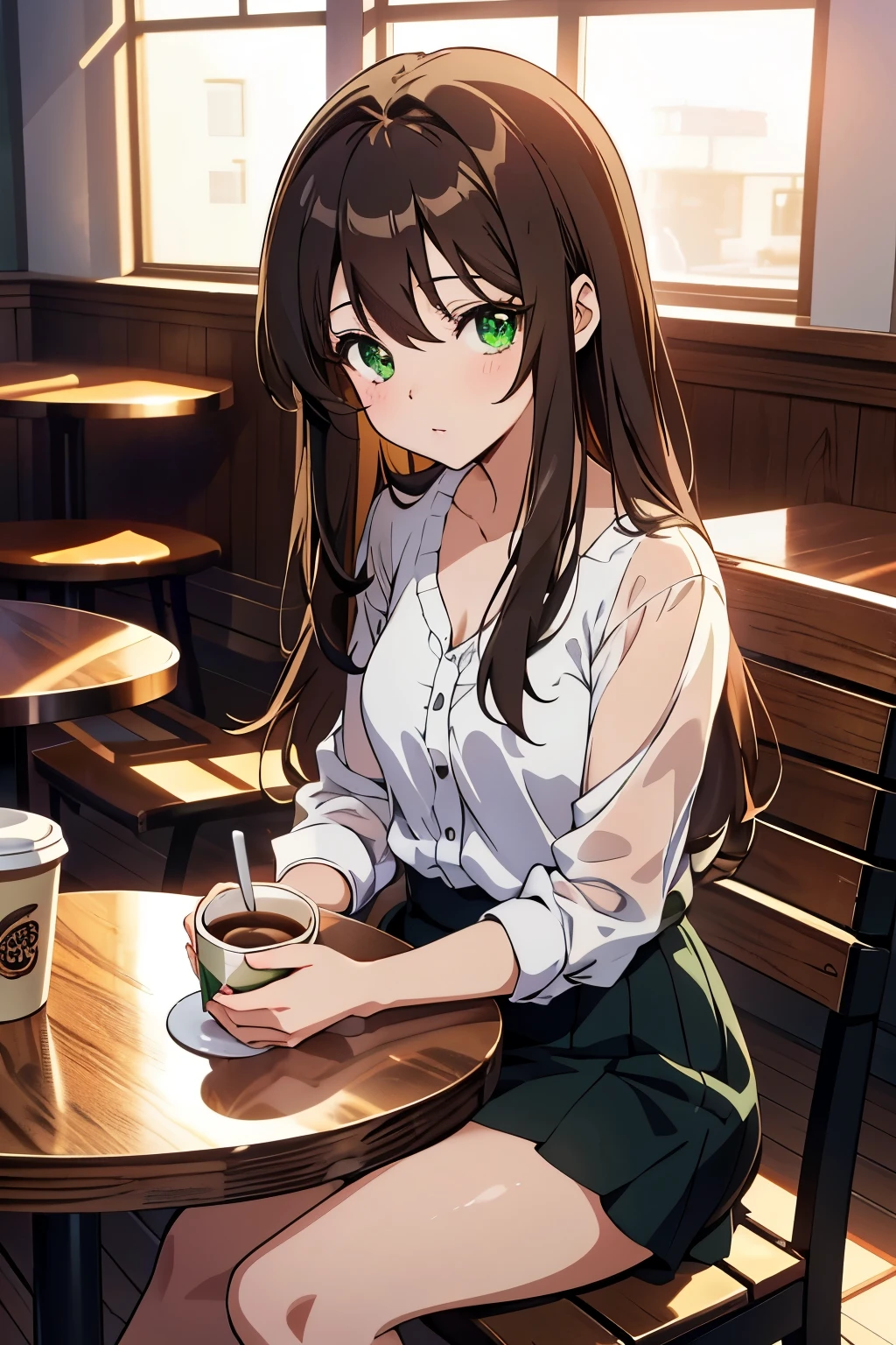 ((masterpiece, Highest quality, High resolution, 超High resolution, Pixel perfect, Written boundary depth, 4K, RTTX 10.0, High resolution))), 1 girl, single, alone, Beautiful Anime Girls, Beautiful art style, Anime characters, ((Shortcuts, bangs, Dark brown hair)), ((Green Eyes:1.4, Round eyes, Beautiful eyelashes, current eyes)), ((Smooth texture:0.75, Anime CG style)), ((Dynamic Angle, close)), Perfect body, (pretty girl), Flat Chest,whole body, Girl sitting at a table drinking coffee, Mysterious Girl from the Coffee Shop, sitting in a cafe, alonesitting in a cafe, Cute anime-like appearance, カフェにalone座っている, everyone, 4K Anime Style, Anime Moe Art Style, Long Hair Anime, At the coffee shop, Cute Anime, 4k anime wallpaper