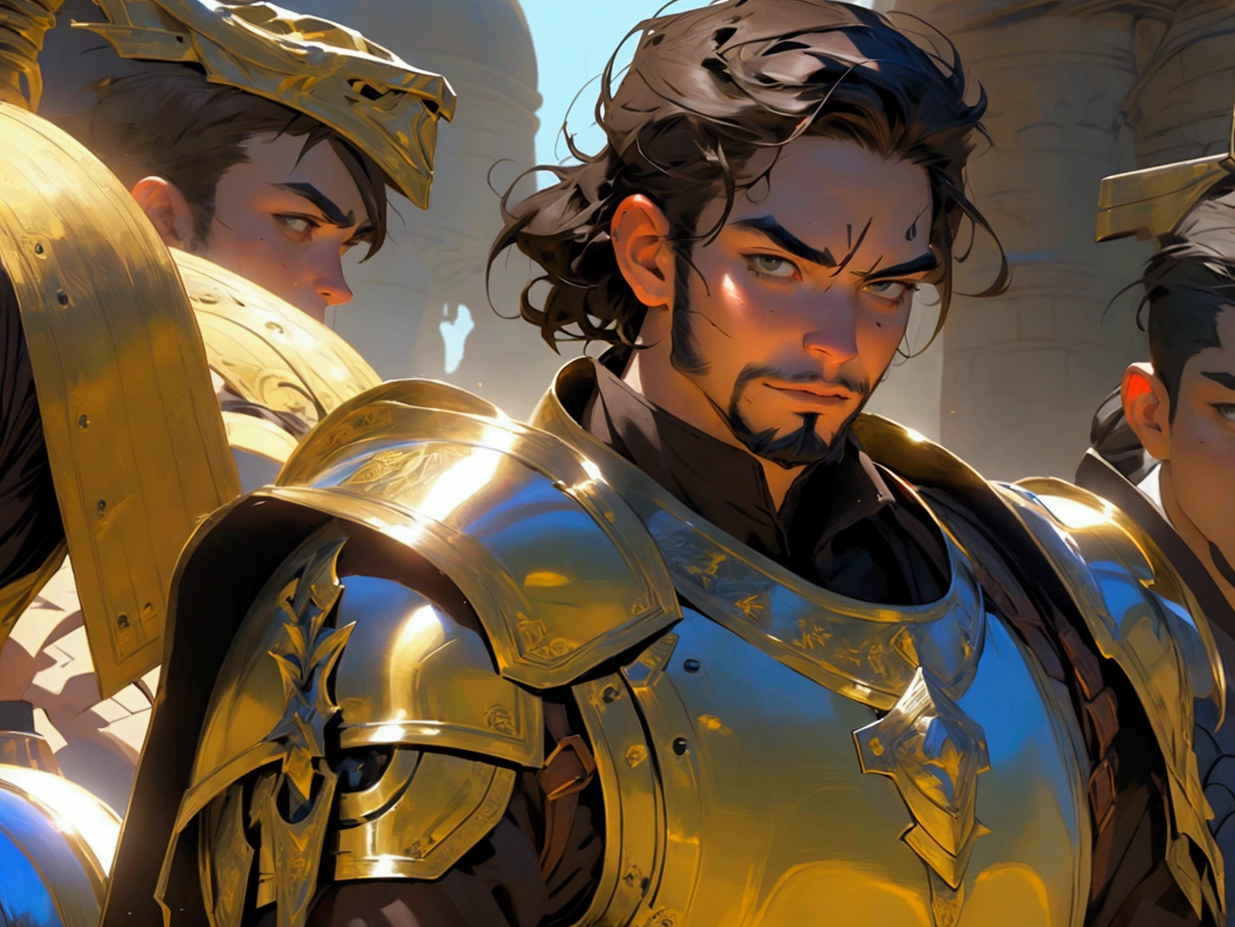 man, adult, short brown hair, goatee beard, thick eyebrows, brown eyes, sun-kissed skin, armor, medieval fantasy, warrior