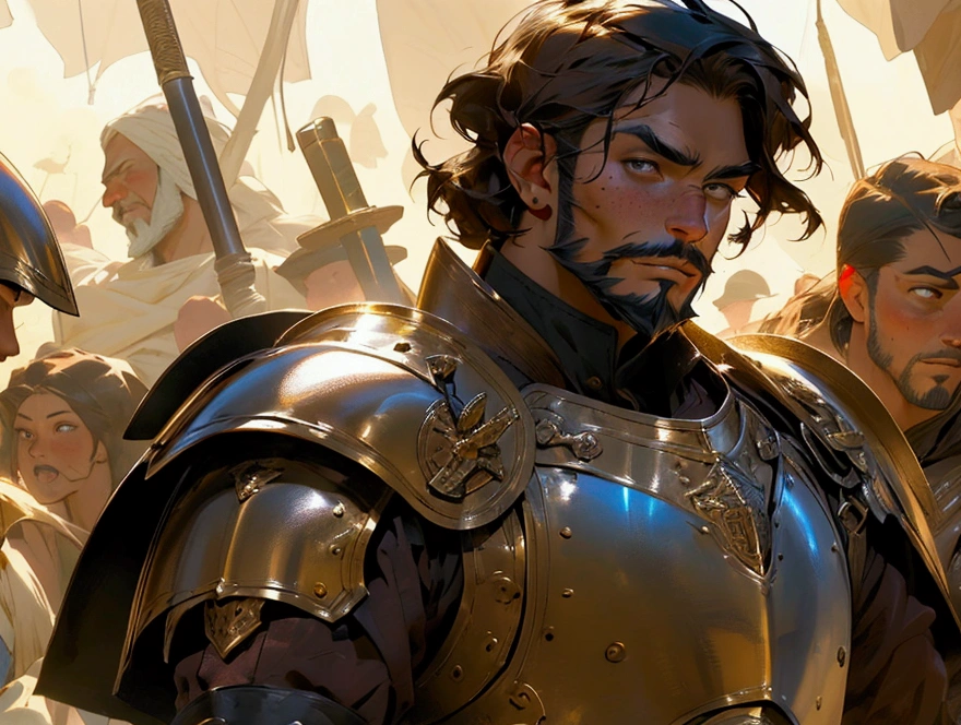 man, adult, short brown hair, goatee beard, thick eyebrows, brown eyes, sun-kissed skin, armor, medieval fantasy, warrior