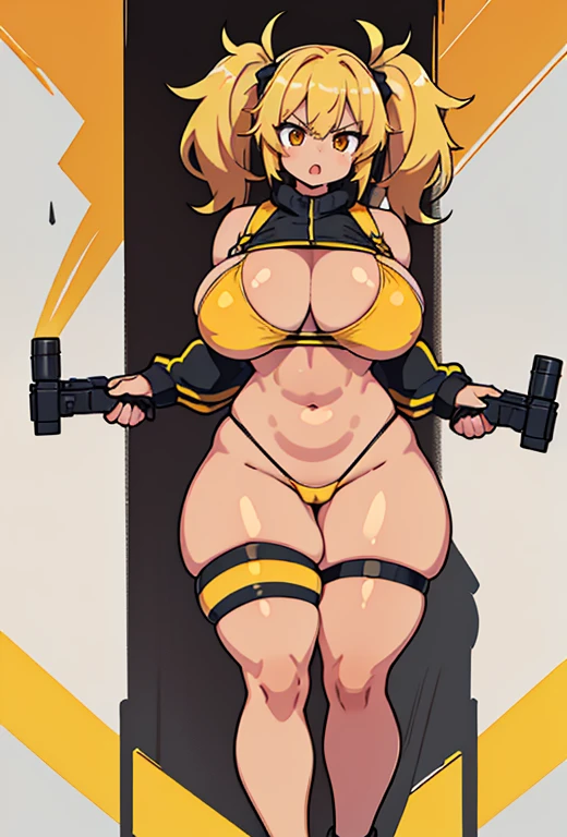 Young girl, Pullover, yellow bikini, mini bikini, whole body to see, disgusting face, angry, scream, pigtails hair , (( very wide hips)), (((colossal Thighs, gigantic thighs, very huge thighs, very big thighs))), fullbody, platform heels, tanned , brown skin, big breast, gun, soldier girl , leg garter, standing, front pose, blonde