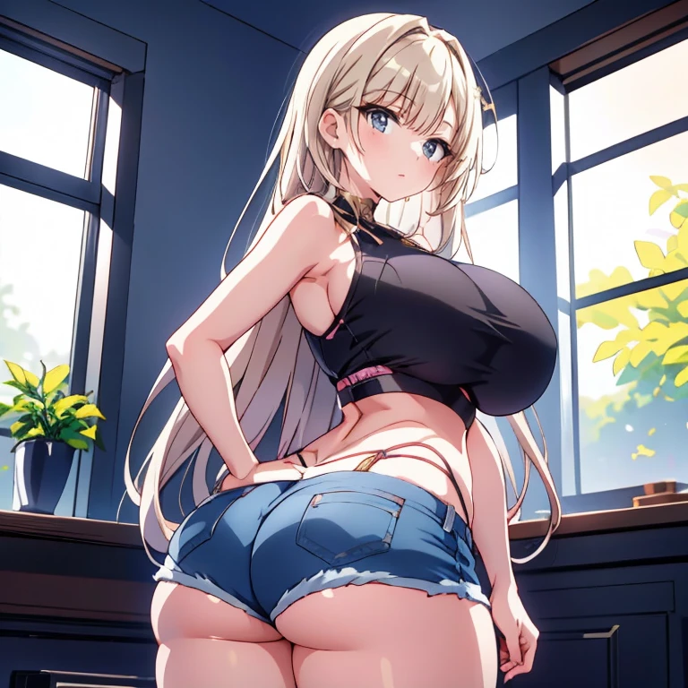 Anime Kawaii sexy Perfect Slim sensual body large breast and huge thighs, An intricate and highly detailed illustration of anime ( girl)  work of art, better_品質, 1 girl, darkskin_female, blond_eyeballs, rot_eyeballs, big fit ass_breastsout, betterar, make up, Shorts, JEANS_Shorts, hackear_main, へそ, tummy, toned, (abdomen:0.8),