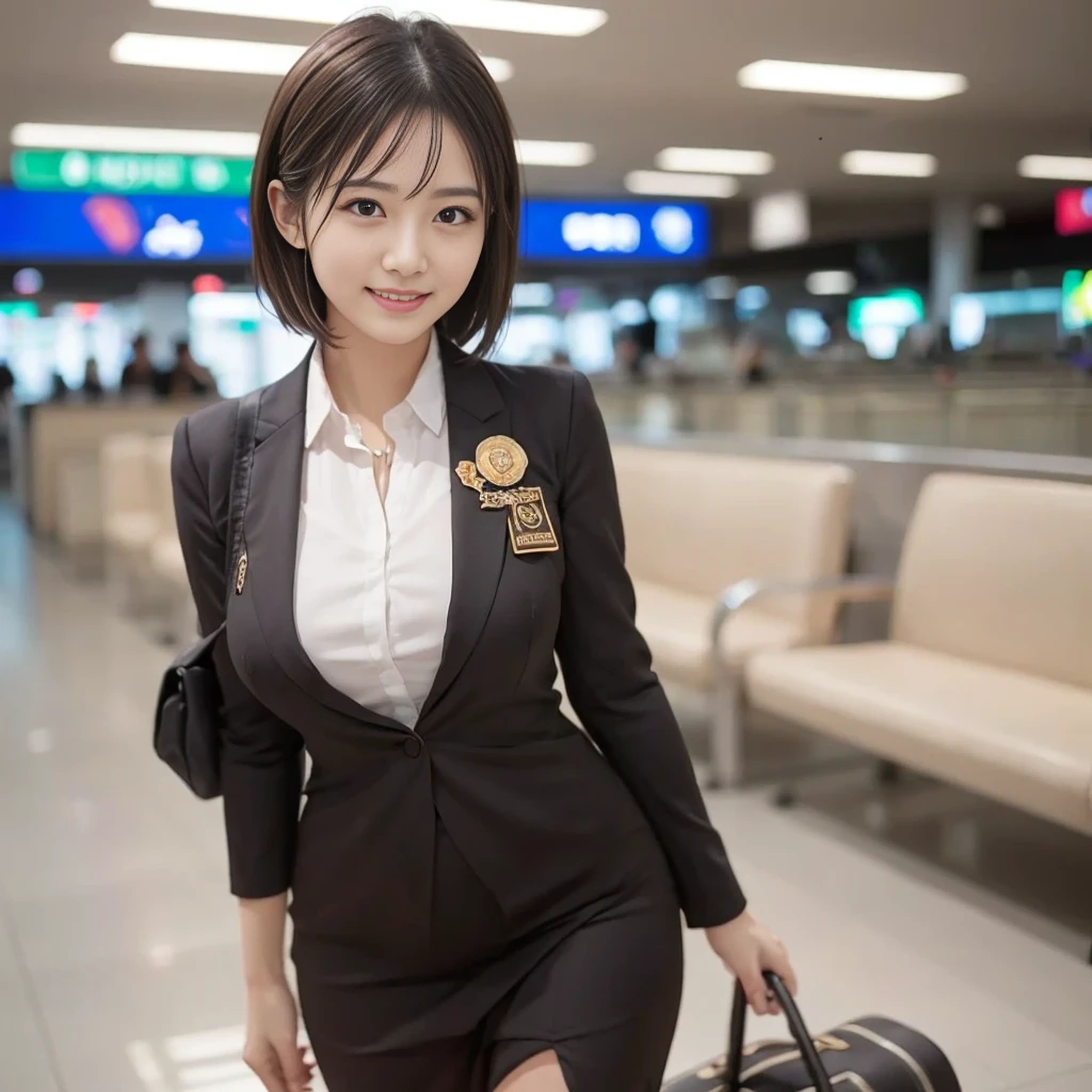 Gorgeous Woman, 21 years old, Flight attendant uniform, Shenzhen Airlines flight attendant，Natural pose at an empty airport, Dimpled smile, Short Ponytail, Short Bob Hair, Cute teeth, Rich man, Round Breasts., Realistic, Beautiful and detailed eyes, Hyperrealism, High Contrast, Ultra HD, Realistic textures, Best image quality, Highest quality, Ultra-high resolution, Great details, With great care, Head to Knee, Focus on the butt, Dark bokeh night background