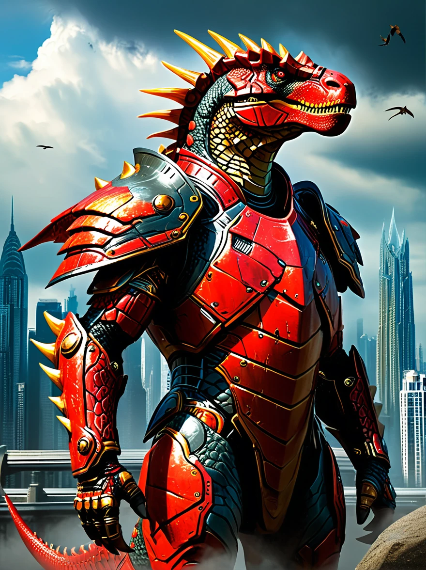 art by mooncryptowow, A colossal dinosaur-like creature, possessing rough, textured, charcoal-gray scales and distinct reptilian characteristics, clad in a high-tech mechanized suit of armor. The suit is vibrant red and gold in color with a streamlined, modern design. It is fitted with powerful gauntlets that include repulsor beams, and a central chest piece glowing with a bright light. The creature's powerful tail sticks out from the armor, sweeping along the ground. It stands against a backdrop of skyscrapers and cityscape under a moody, cloud-veiled sky.