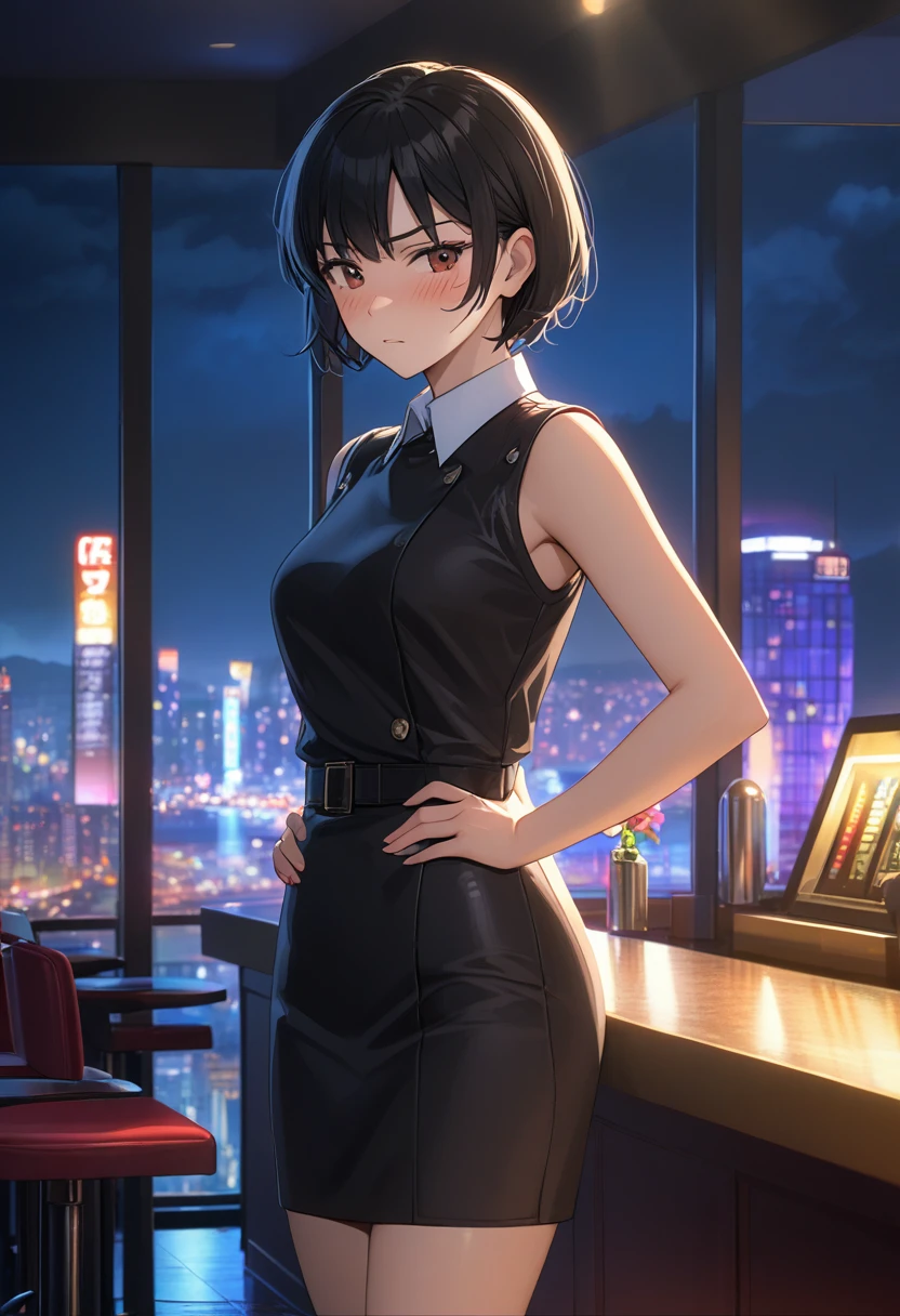 woman, yoor_foorger, flower_bezel, work_outfit, standing, (wetting herself:1.5), best quality, ultra-detailed, HDR, studio lighting, professional, vivid colors, sharp focus, bokeh, landscape, love hotel, bar counter, night, window, cityscape, colorful city, neon lights, futuristic, science fiction, soft lighting, dynamic shadows, (embarrassed:1.5), (humiliation:1.5), (blushing:1.5), angry, facing viewer, (hands on hips:1.5)