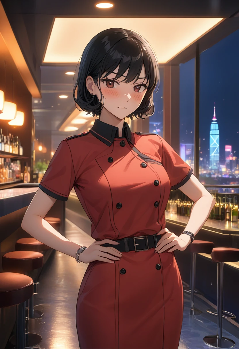 woman, yoor_foorger, flower_bezel, work_outfit, standing, (wetting herself:1.5), best quality, ultra-detailed, HDR, studio lighting, professional, vivid colors, sharp focus, bokeh, landscape, love hotel, bar counter, night, window, cityscape, colorful city, neon lights, futuristic, science fiction, soft lighting, dynamic shadows, (embarrassed:1.5), (humiliation:1.5), (blushing:1.5), angry, facing viewer, (hands on hips:1.5)