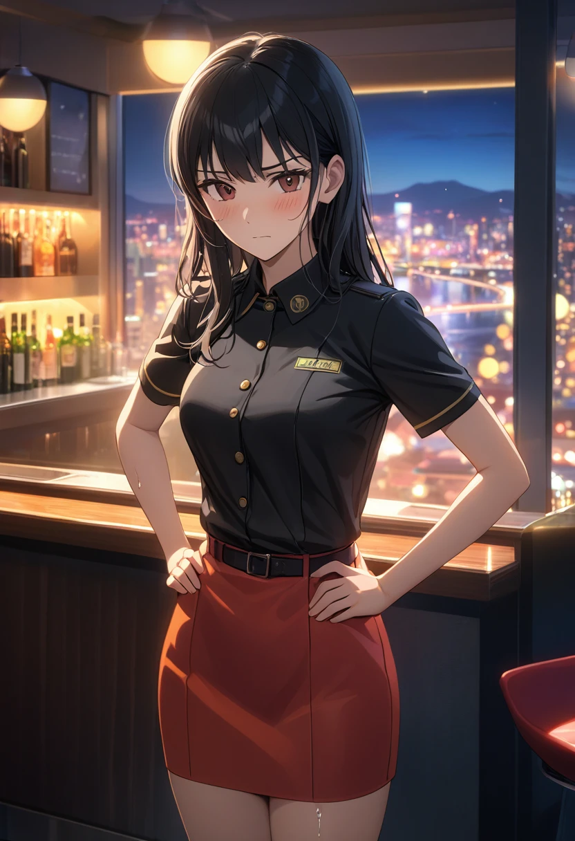 woman, yoor_foorger, flower_bezel, work_outfit, standing, (wetting herself:1.5), best quality, ultra-detailed, HDR, studio lighting, professional, vivid colors, sharp focus, bokeh, landscape, love hotel, bar counter, night, window, cityscape, colorful city, neon lights, futuristic, science fiction, soft lighting, dynamic shadows, (embarrassed:1.5), (humiliation:1.5), (blushing:1.5), angry, facing viewer, (hands on hips:1.5)