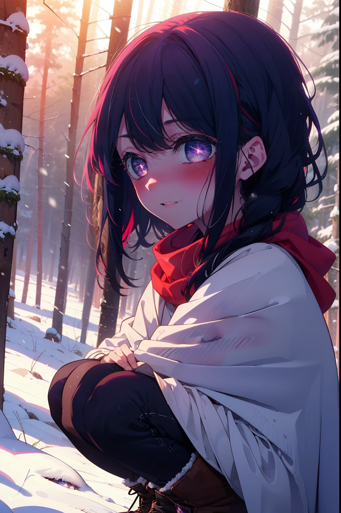 aihoshino, Ai Hoshino, Long Hair, bangs, (Purple eyes:1.1), Purple Hair, (Symbol-shaped pupil:1.5), smile,,smile,blush,white breath,
Open your mouth,snow,Ground bonfire, Outdoor, boots, snowing, From the side, wood, suitcase, Cape, Blurred, , forest, White handbag, nature,  Squat, Mouth closed, Cape, winter, Written boundary depth, Black shoes, red Cape break looking at viewer, Upper Body, whole body, break Outdoor, forest, nature, break (masterpiece:1.2), Highest quality, High resolution, unity 8k wallpaper, (shape:0.8), (Beautiful and beautiful eyes:1.6), Highly detailed face, Perfect lighting, Extremely detailed CG, (Perfect hands, Perfect Anatomy),