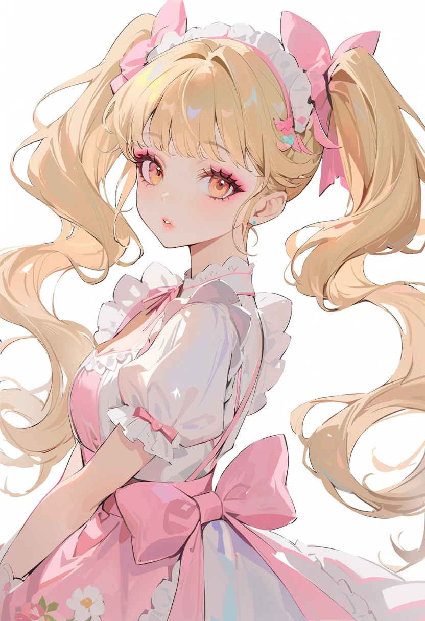 (Highest quality,Very detailed,High resolution:1.2),Beautiful girl with perfect face,very_Long eyelashes, Detailed lips, Cool look, Soft Skin, ,Vibrant Background, Natural light,The cutest girl in the world,Exquisite makeup,Long blonde hair with pink mesh at the ends, Twin tails, Maid clothes, I have a gun in my hand,