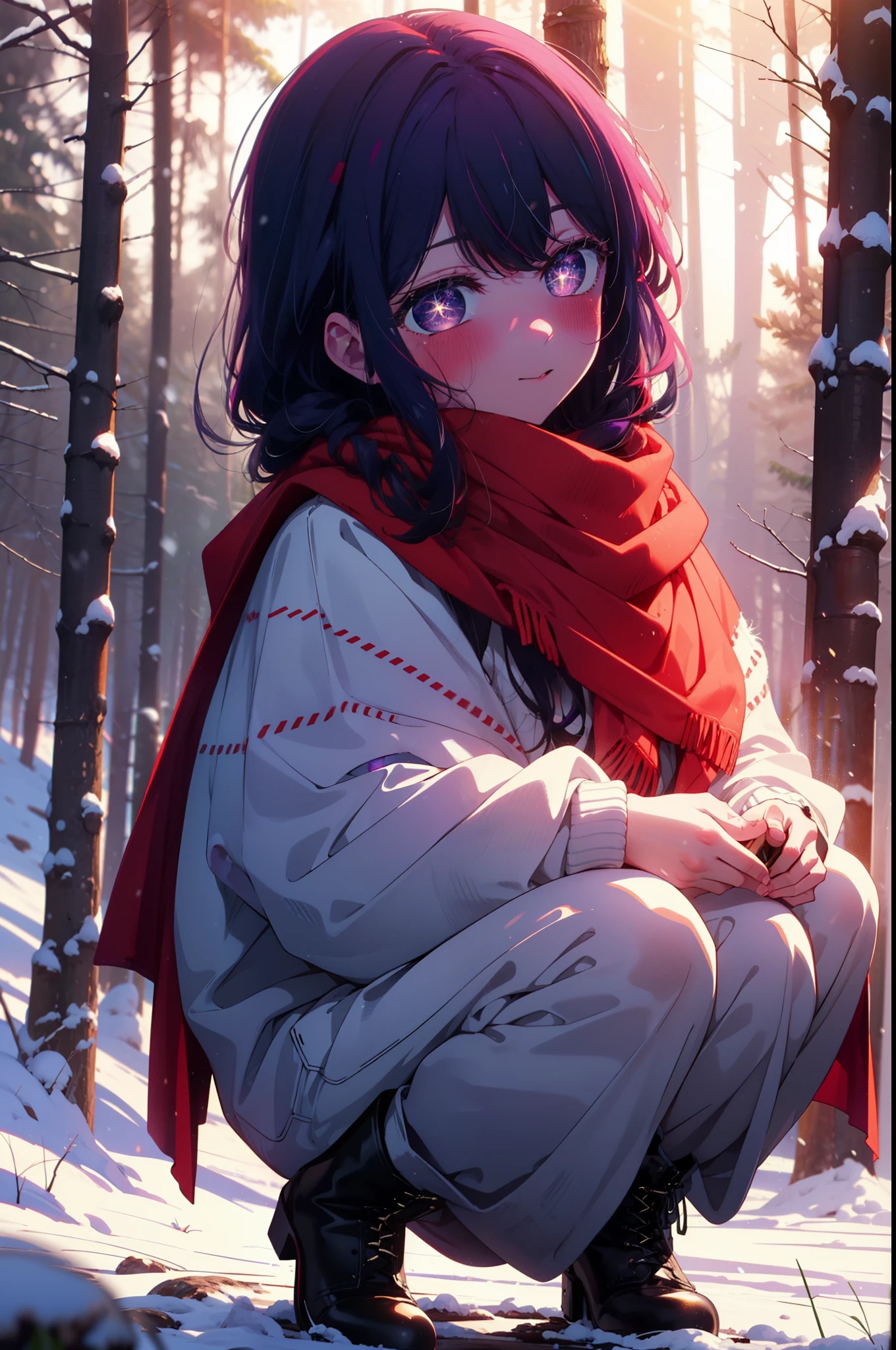 aihoshino, Ai Hoshino, Long Hair, bangs, (Purple eyes:1.1), Purple Hair, (Symbol-shaped pupil:1.5), smile,,smile,blush,white breath,
Open your mouth,snow,Ground bonfire, Outdoor, boots, snowing, From the side, wood, suitcase, Cape, Blurred, , forest, White handbag, nature, Squat, Mouth closed, Cape, winter, Written boundary depth, Black shoes, red Cape break looking at viewer, Upper Body, whole body, break Outdoor, forest, nature, break (masterpiece:1.2), Highest quality, High resolution, unity 8k wallpaper, (shape:0.8), (Beautiful and beautiful eyes:1.6), Highly detailed face, Perfect lighting, Extremely detailed CG, (Perfect hands, Perfect Anatomy),