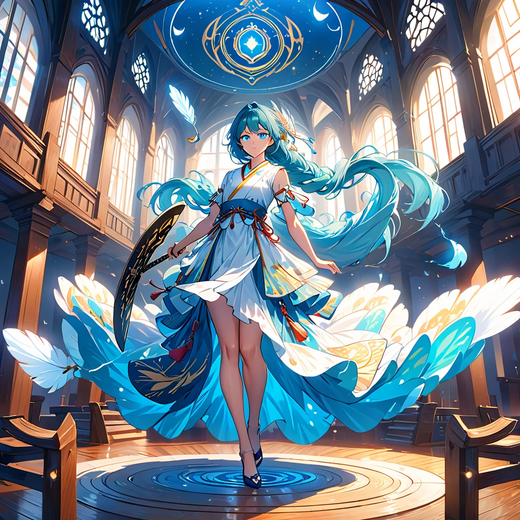 4K anime style quality, digital drawing mode, Libra-themed anime female character, medium-length teal hair with feather highlights, serene blue eyes, wearing an outfit with scales and balance motifs, holding a scale and sword, Blur the background to create a three-dimensional effect, atmosphere, standing in a celestial courtroom, radiant skin, flowing hair, glossy lips, balanced eyes, full body, dynamic pose, life size, perfect anatomy, detailed skin texture, full HD, 4K, HDR, perfect anatomy, depth of field.
