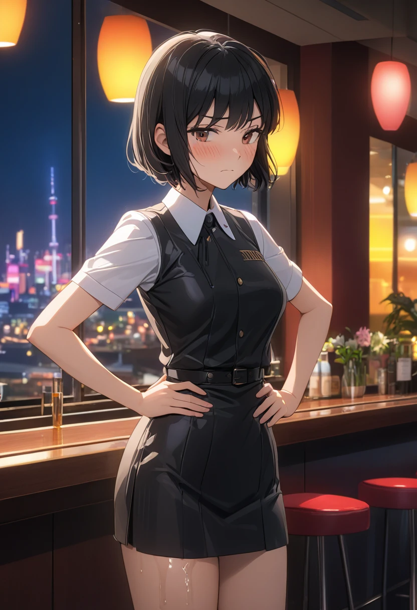 woman, yoor_foorger, flower_bezel, school_outfit, standing, (wetting herself:1.5), best quality, ultra-detailed, HDR, studio lighting, professional, vivid colors, sharp focus, bokeh, landscape, love hotel, bar counter, night, window, cityscape, colorful city, neon lights, futuristic, science fiction, soft lighting, dynamic shadows, (embarrassed:1.5), (humiliation:1.5), (blushing:1.5), angry, facing viewer, (hands on hips:1.5)