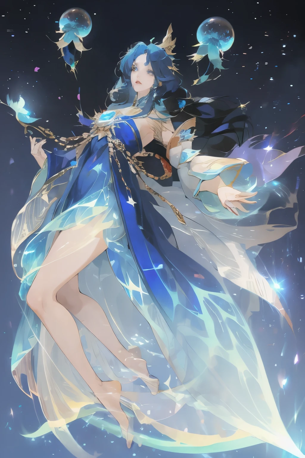 Anime girl in blue,Blue hair and blue clothes, Flowing Magic Robe, ((Beautiful fantasy queen)), Star Witch Costume, Full body fairy, Beautiful Celestial Mage, heise jinyao, Beautiful fantasy queen, cotton cloud mage robes, Jellyfish Priestess, ethereal essence, Gorgeous flowing robe, Long flowing hair and robes