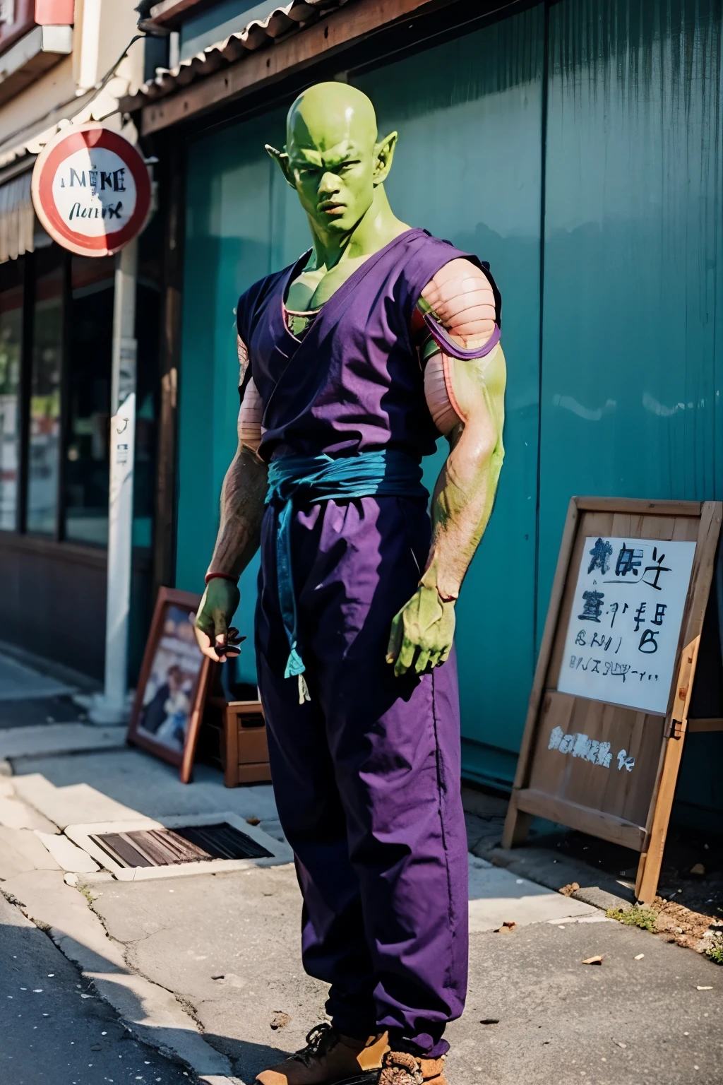 ディズニーランド、masterpiece, best quality, realistic, photorealistic, 8k, piccolo, 1boy, male focus, solo, standing, pointy ears, (purple dougi), green skin, oni horns, purple pants, closed mouth, looking at viewer, ((bald)), arms at sides, pink patches, black eyes, blue sash, deep and dark background.