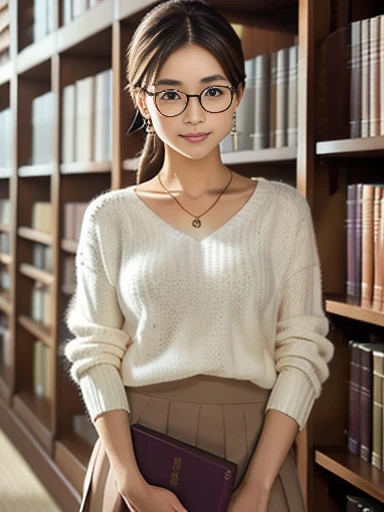 (8k, RAW photo, best quality, masterpiece), (photo realistic), outstanding details, ultra-high resolution, anatomically correct, textured skin, (Extremely precise and accurate anatomy),
Ultra Detailed Face, Detailed Eyes,
A cute Japanese girl, Carrying a few books in the library,
(fearless smile:0.1), (Mouth slightly open),
(lower chignon:1.4), (Rimless glasses),
looking at viewer,
white simple summer sweater,
dark brown hair, Forehead,
simple silky flared skirt, Light brown skirt, Midi length skirt,
Earrings, Necklace,
(background Spacious library interior, many bookshelves),
(backlighting),
reflection light from below,
atmospheric perspective, depth of field,
(dramatic lighting), cinematic lighting,